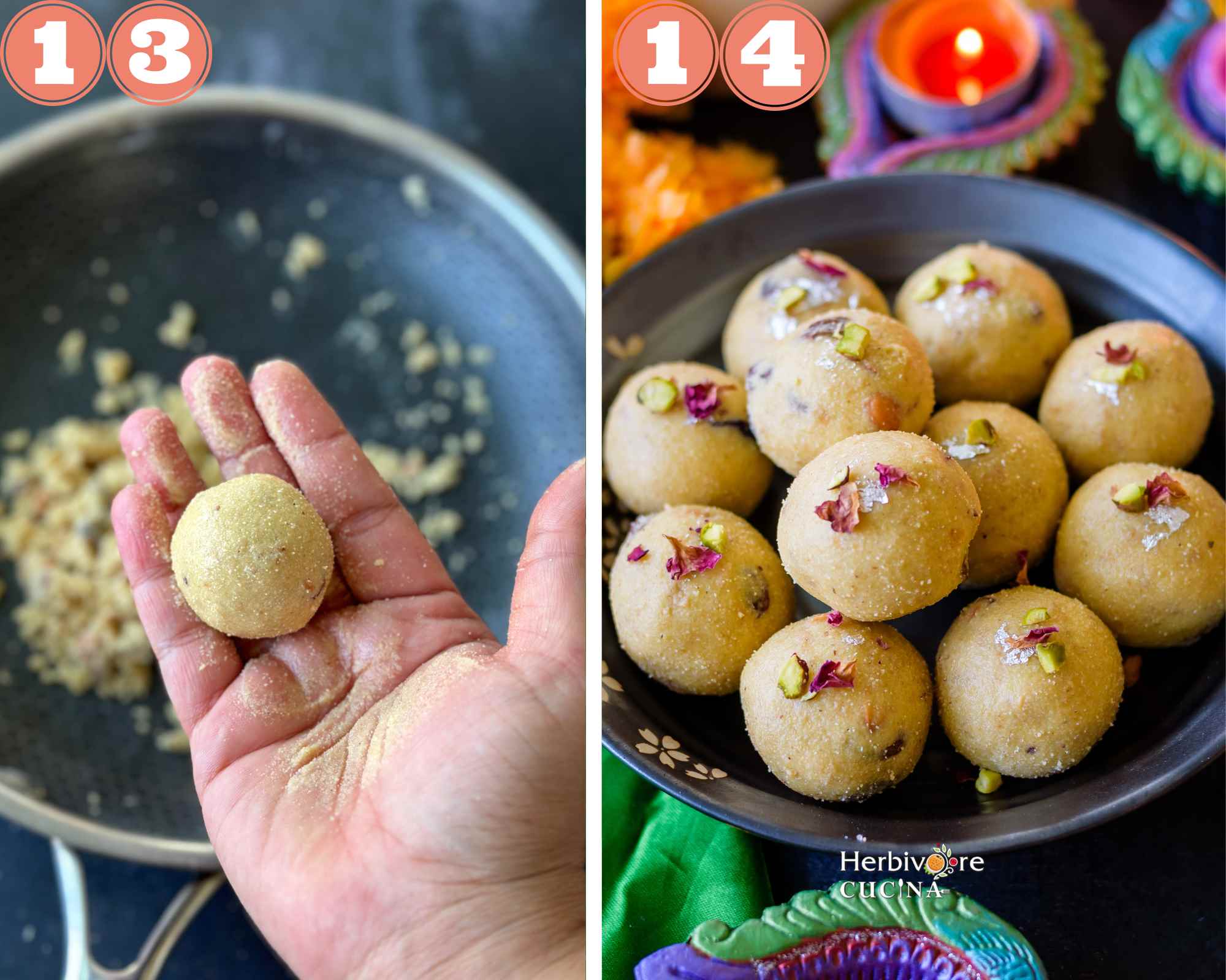 Collage steps to make rava ladoo; rolling the ladoo and serving topped with nuts and roses. 