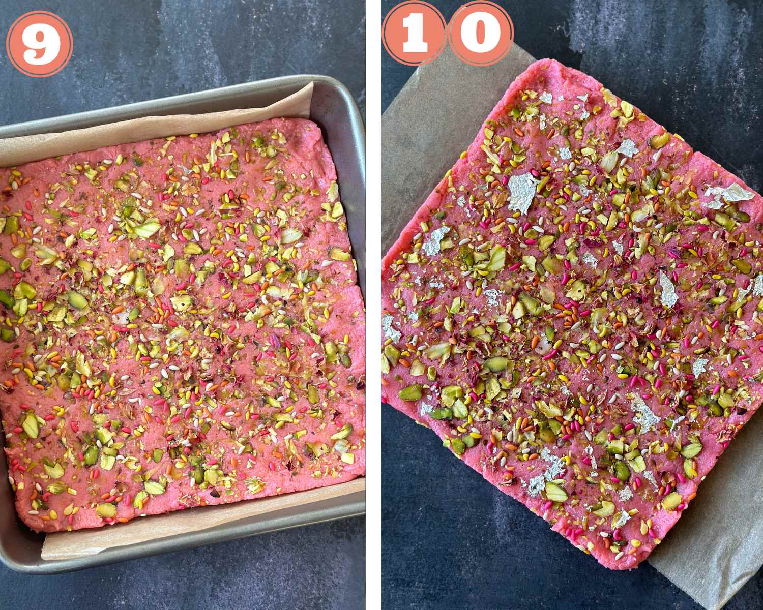 Collage steps to make rose kalakand; spreading pistachios and fennel and removing kalakand from the tray. 