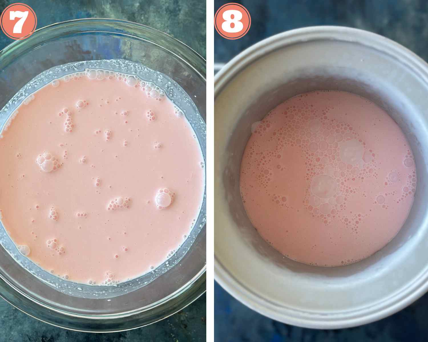 Collage steps to make rose falooda ice cream; mix all the ice cream ingredients well and transfer to the ice cream maker. 
