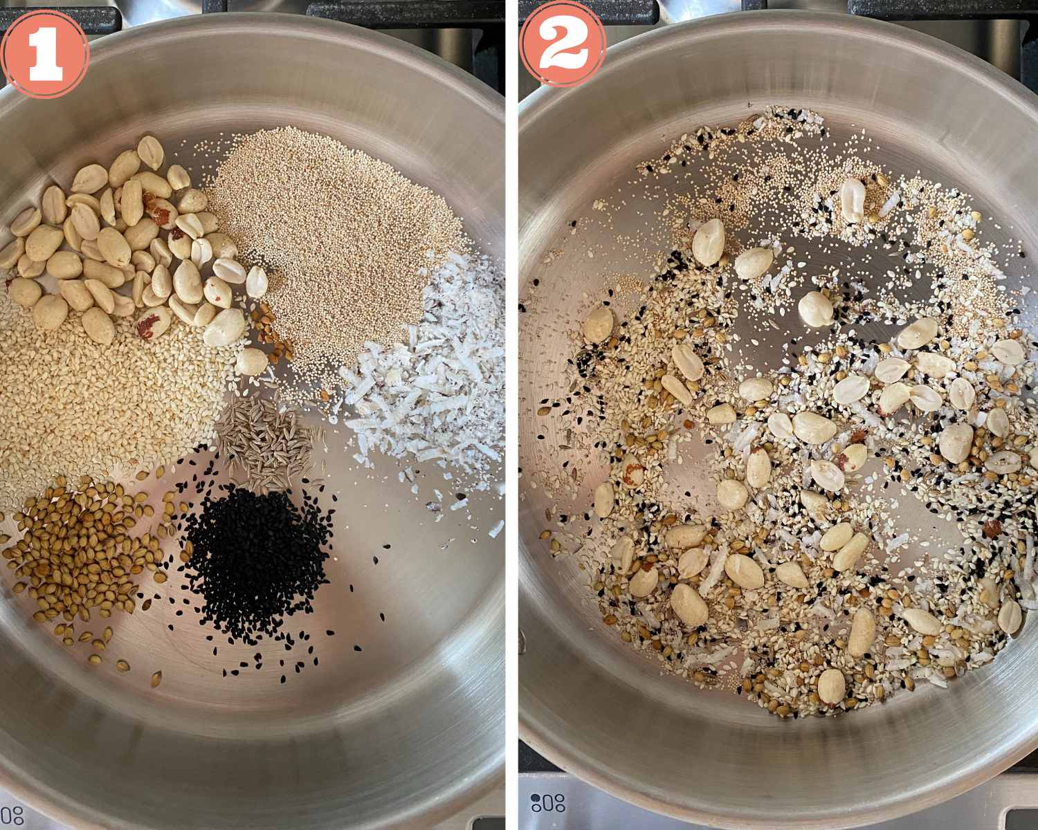 Collage steps to make Shishito pepper salan; dry roasting the masala ingredients. 