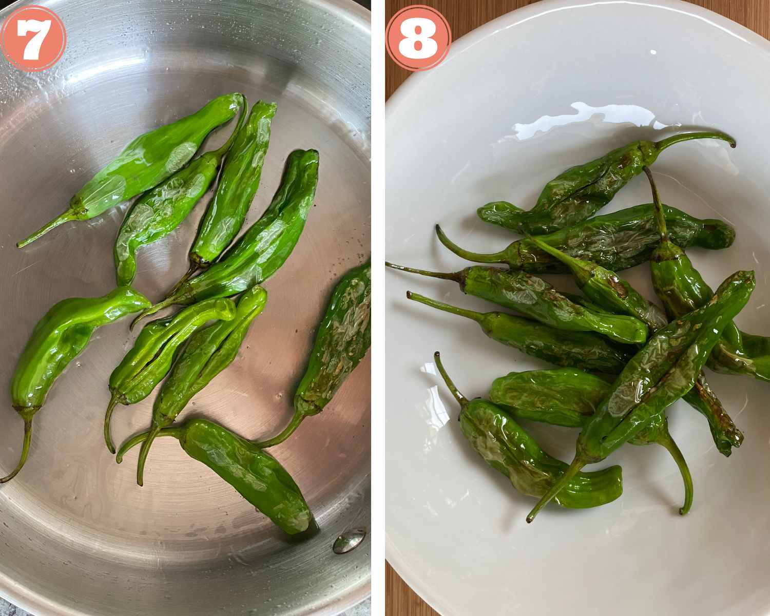 Collage steps to make Shishito pepper salan; removing the blistered peppers in a bowl. 