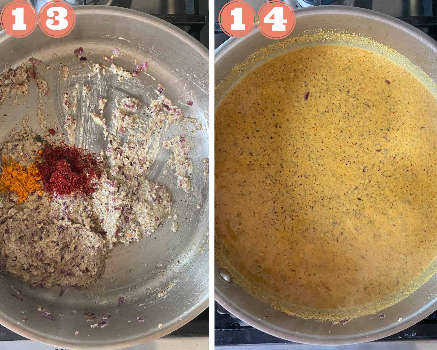 Collage steps to make Shishito pepper salan; adding dried spices and mixing everything well. 
