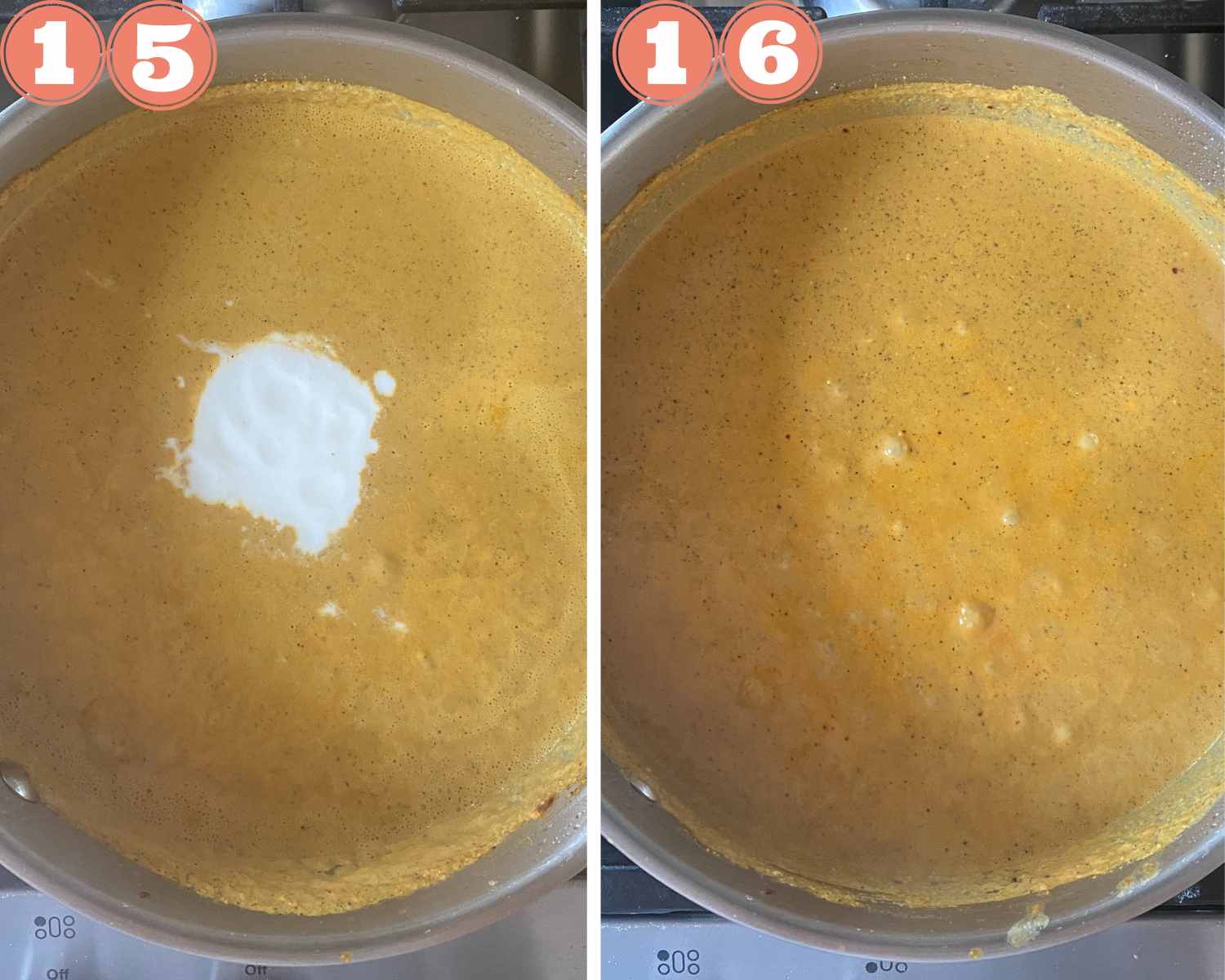 Collage steps to make Shishito pepper salan; adding yogurt and boiling the curry. 