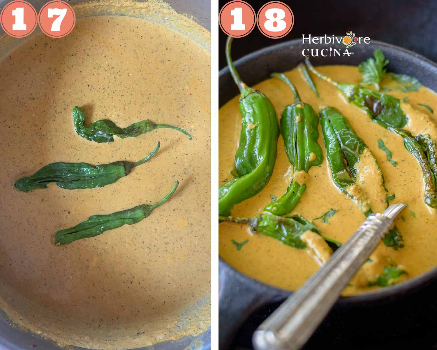 Collage steps to make Shishito pepper salan; adding peppers and serving the salan. 