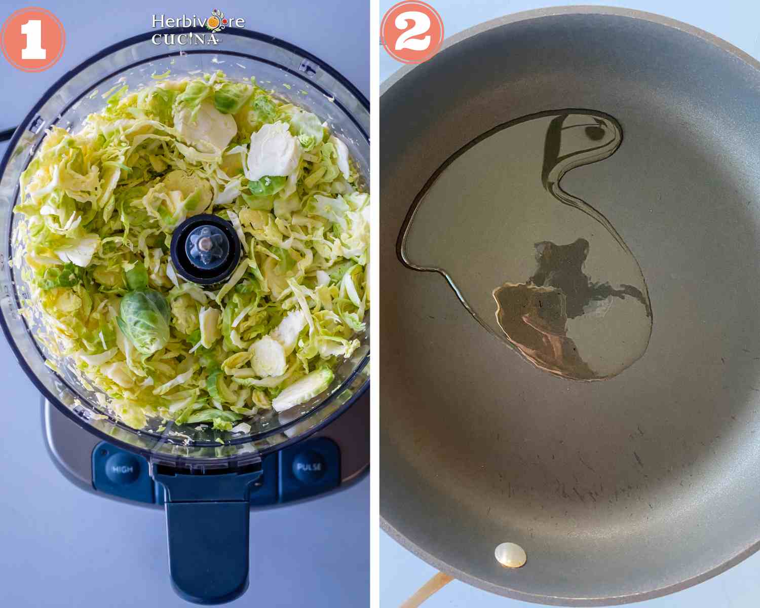 Collage steps to make Brussels Sprouts Stir fry; shave the sprouts and heat oil in a pan. 