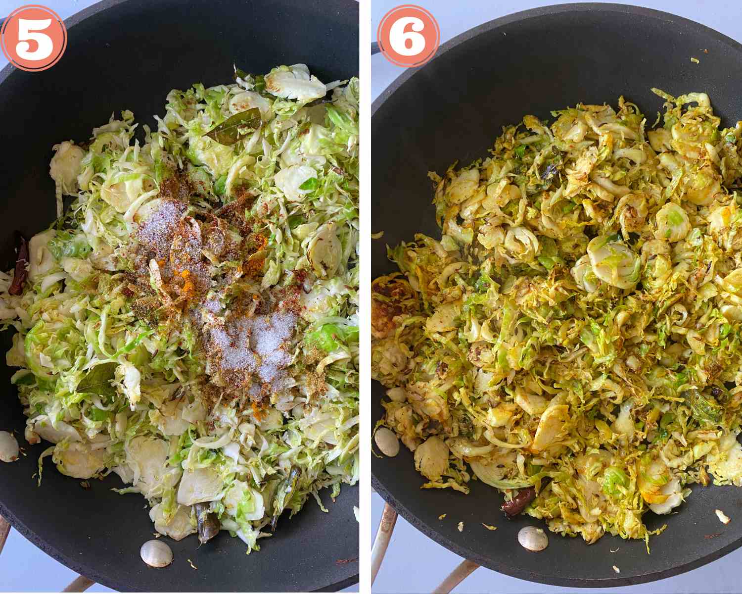 Collage steps to make Brussels Sprouts Stir fry; adding spices and cooking everything well in a pan. 