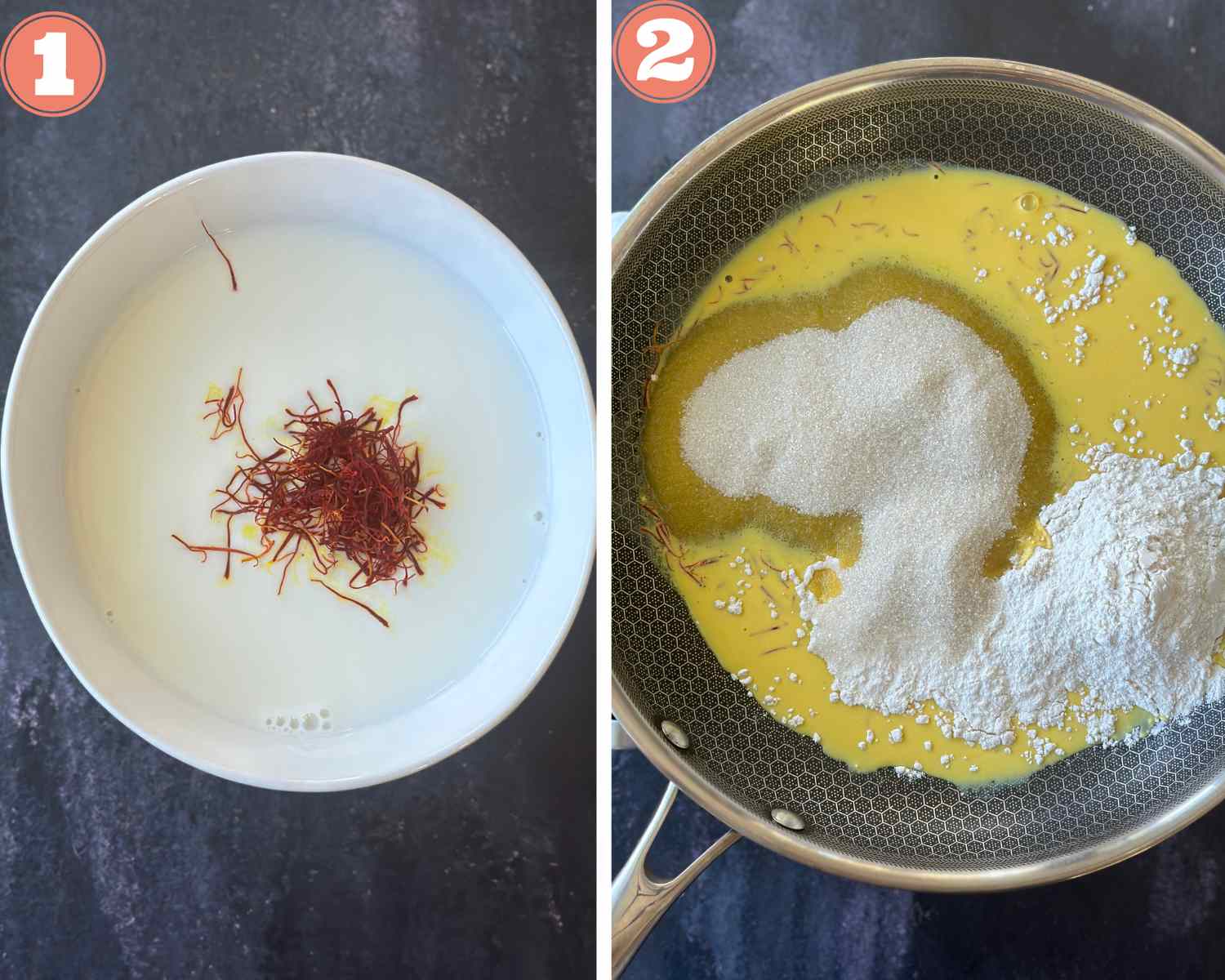 Collage steps to make ice halva; steeping saffron in milk and adding the ingredients to a pan. 