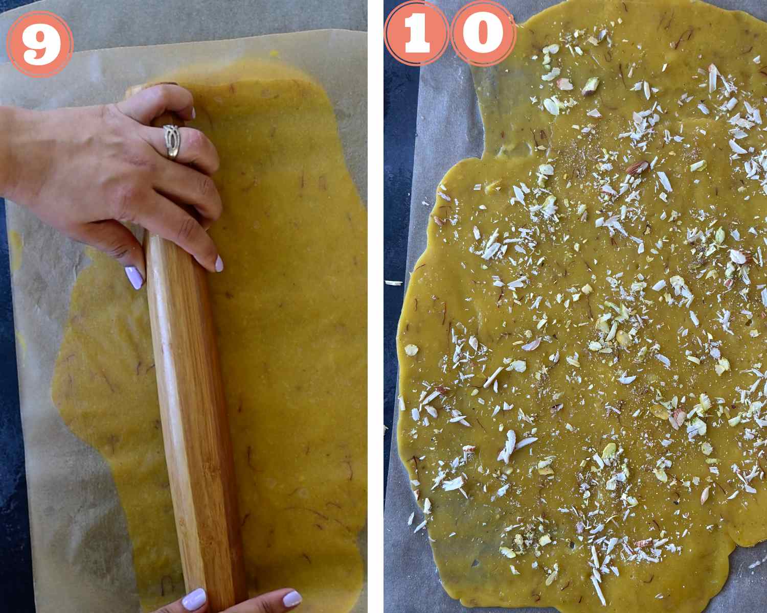 Collage steps to make ice halva; coating the halwa with parchment paper and rolling it thin; then adding nuts on it. 