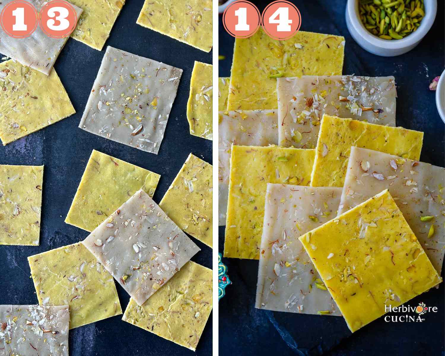 Collage steps to make ice halva; drying the slices and serving. 
