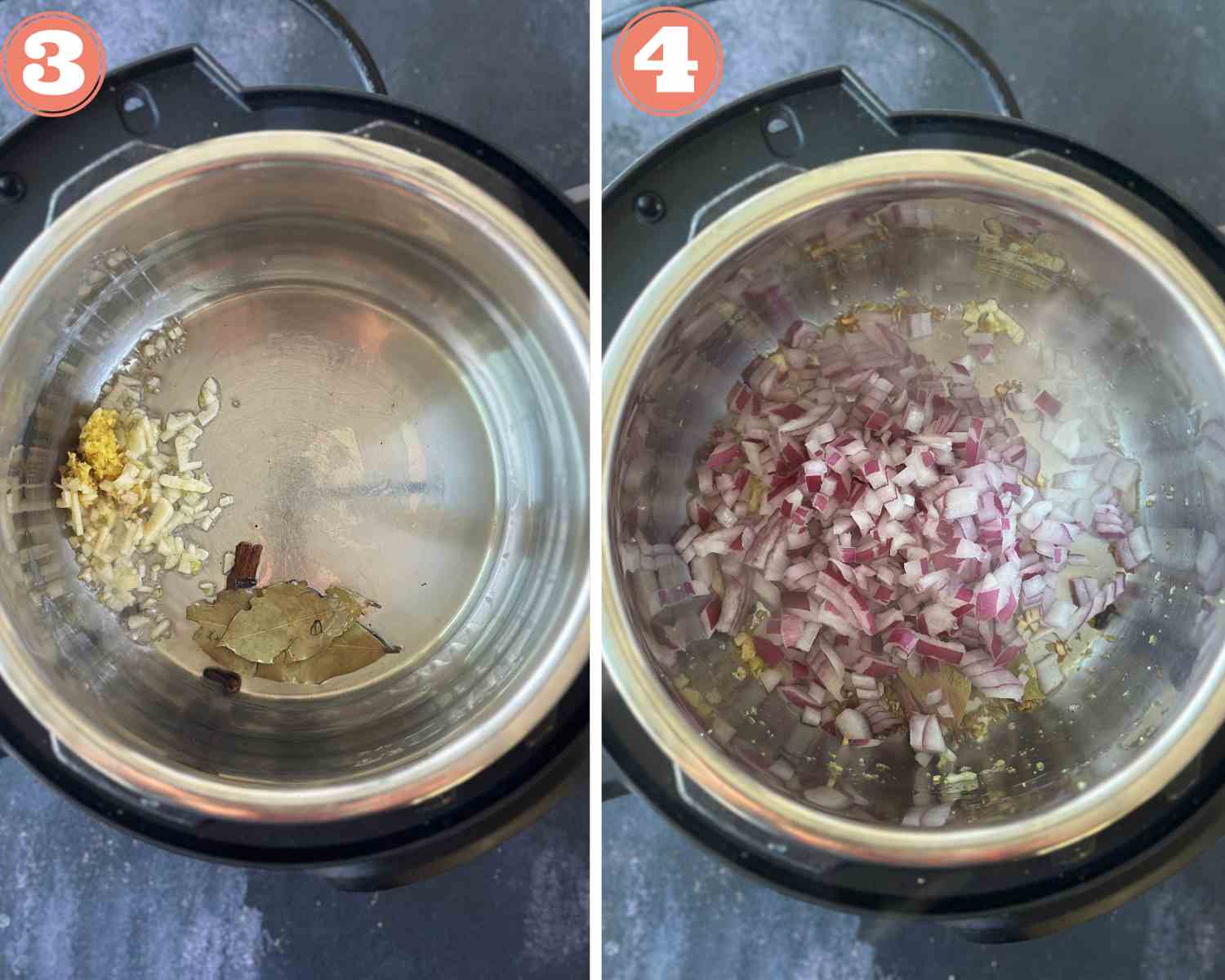 Collage steps to make instant pot chole; adding garlic, ginger and onions and cooking them. 