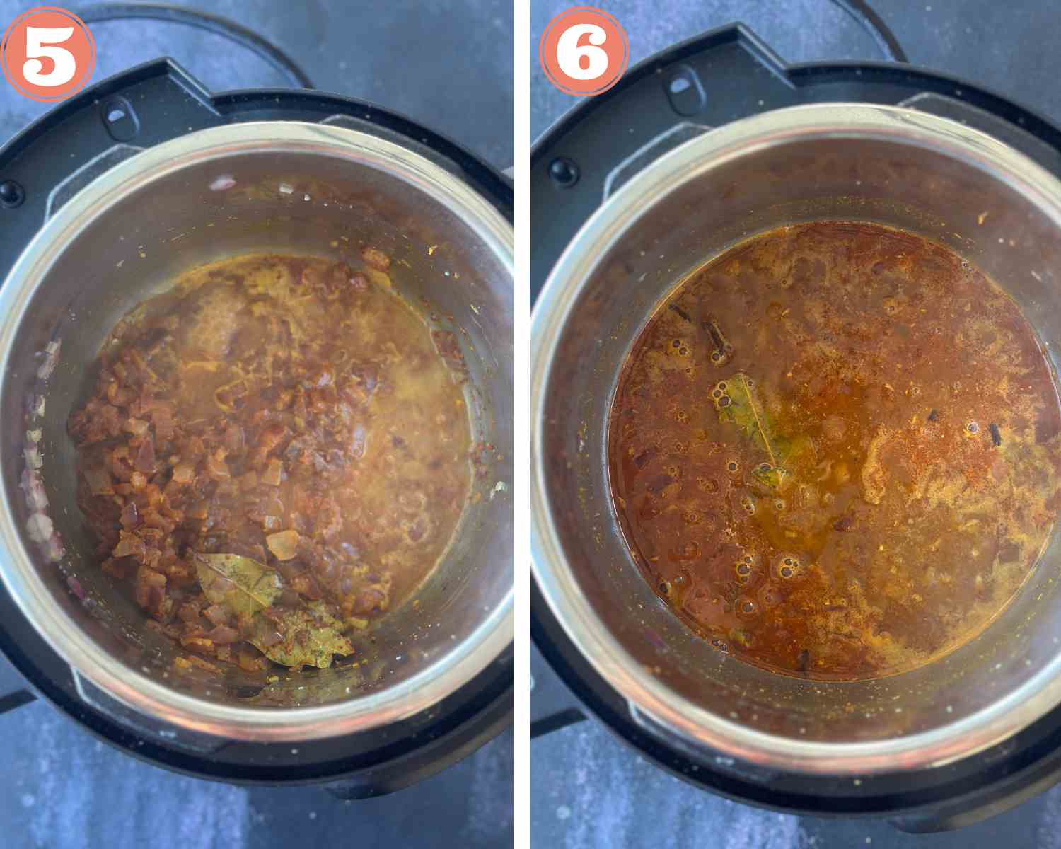 Collage steps to make instant pot chole; adding masalas and then deglazing with water. 