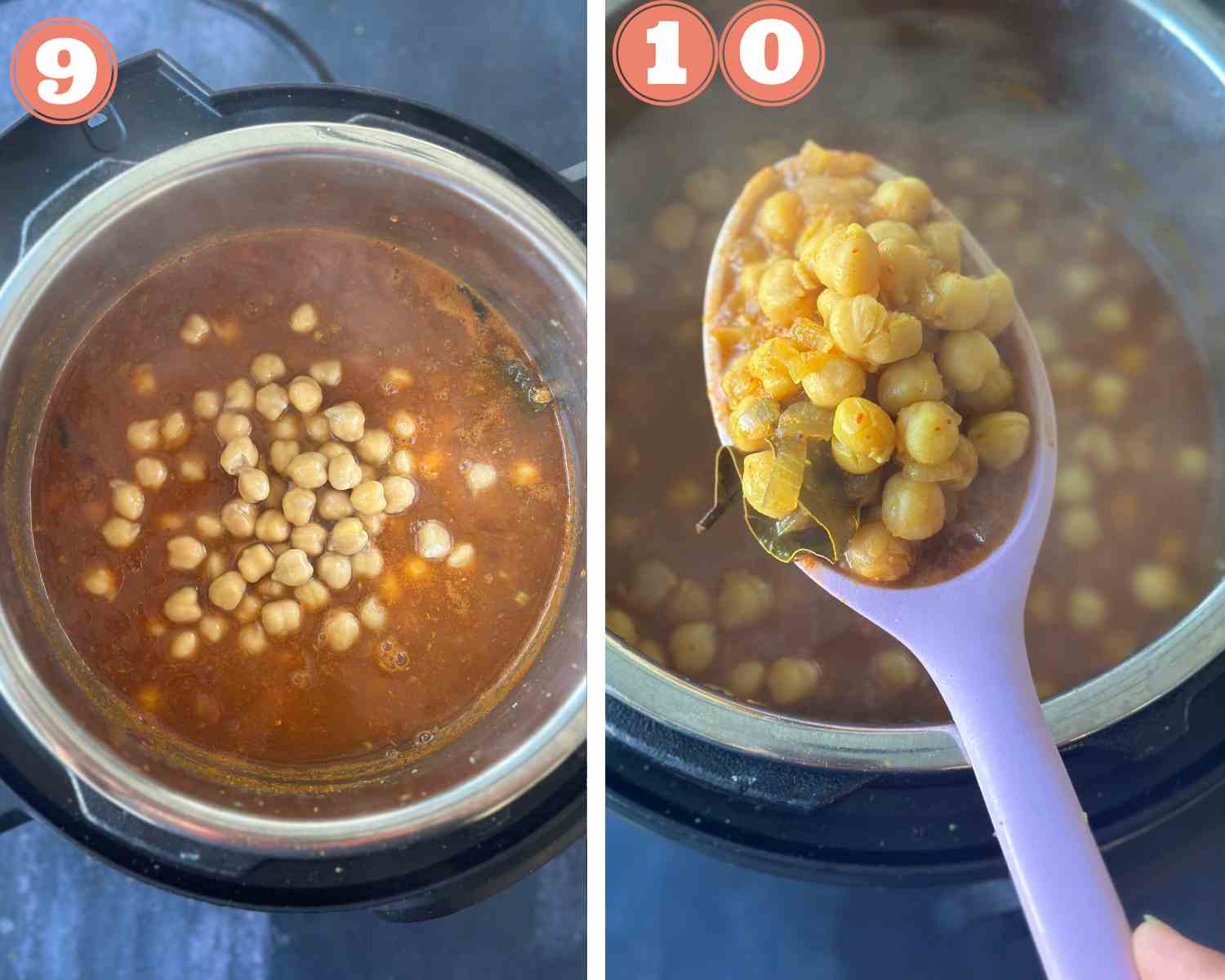 Collage steps to make instant pot chole; ading chole and cooking it through, a spatula with cooked chole. 
