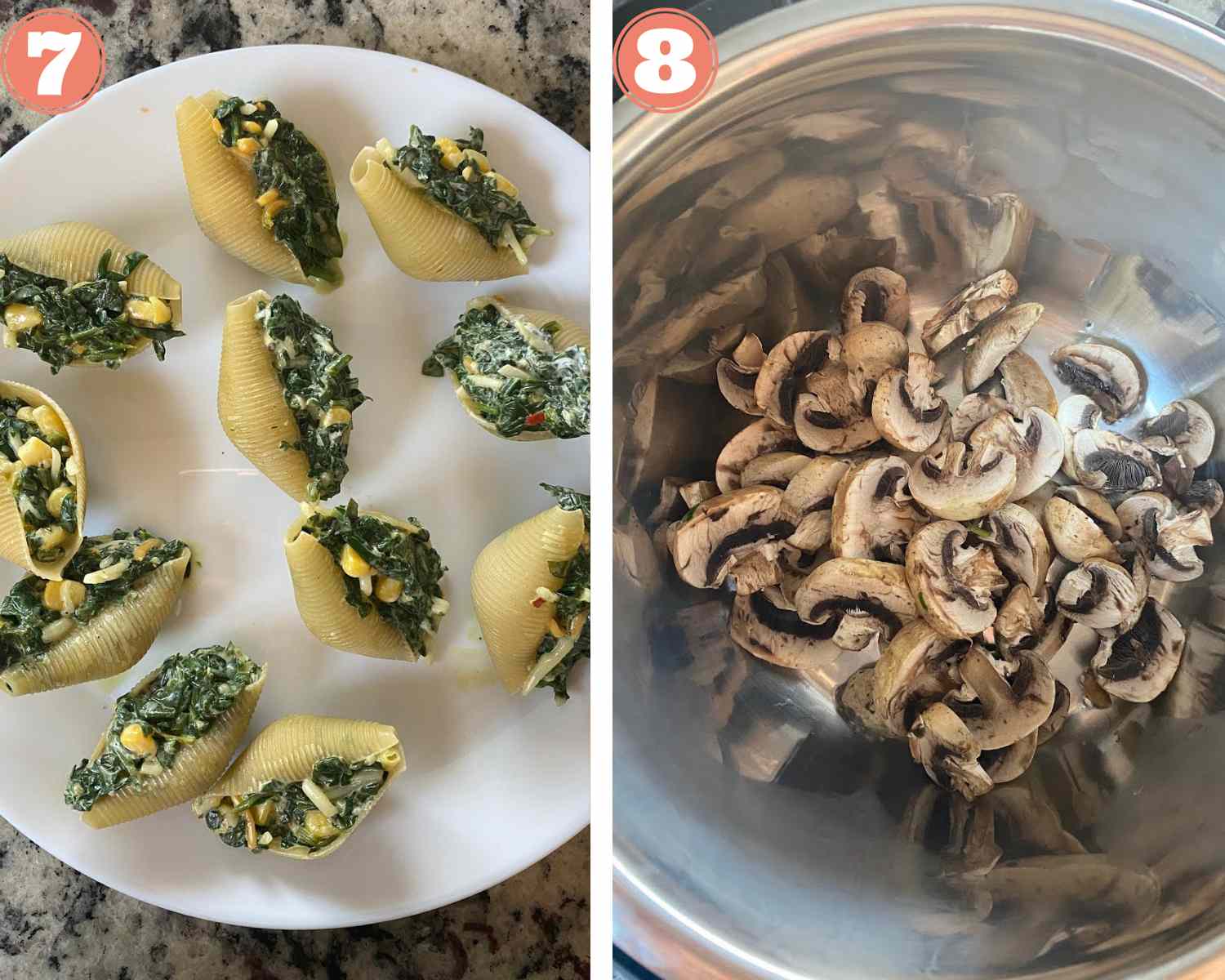 Collage steps to make instant pot stuffed shells;  stuffing the shells and cooking mushrooms. 