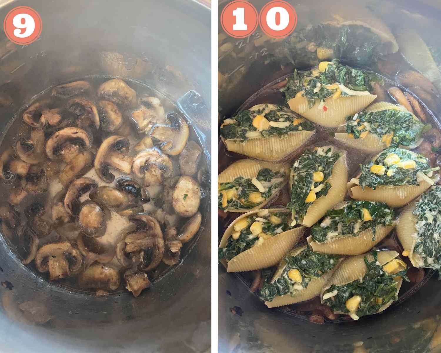 Collage steps to make instant pot stuffed shells; cooking mushrooms and adding stuffed shells to it. 