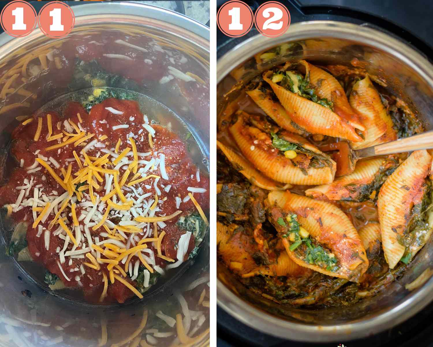 Collage steps to make instant pot stuffed shells;  adding sauce and cheese and cooking the shells. 