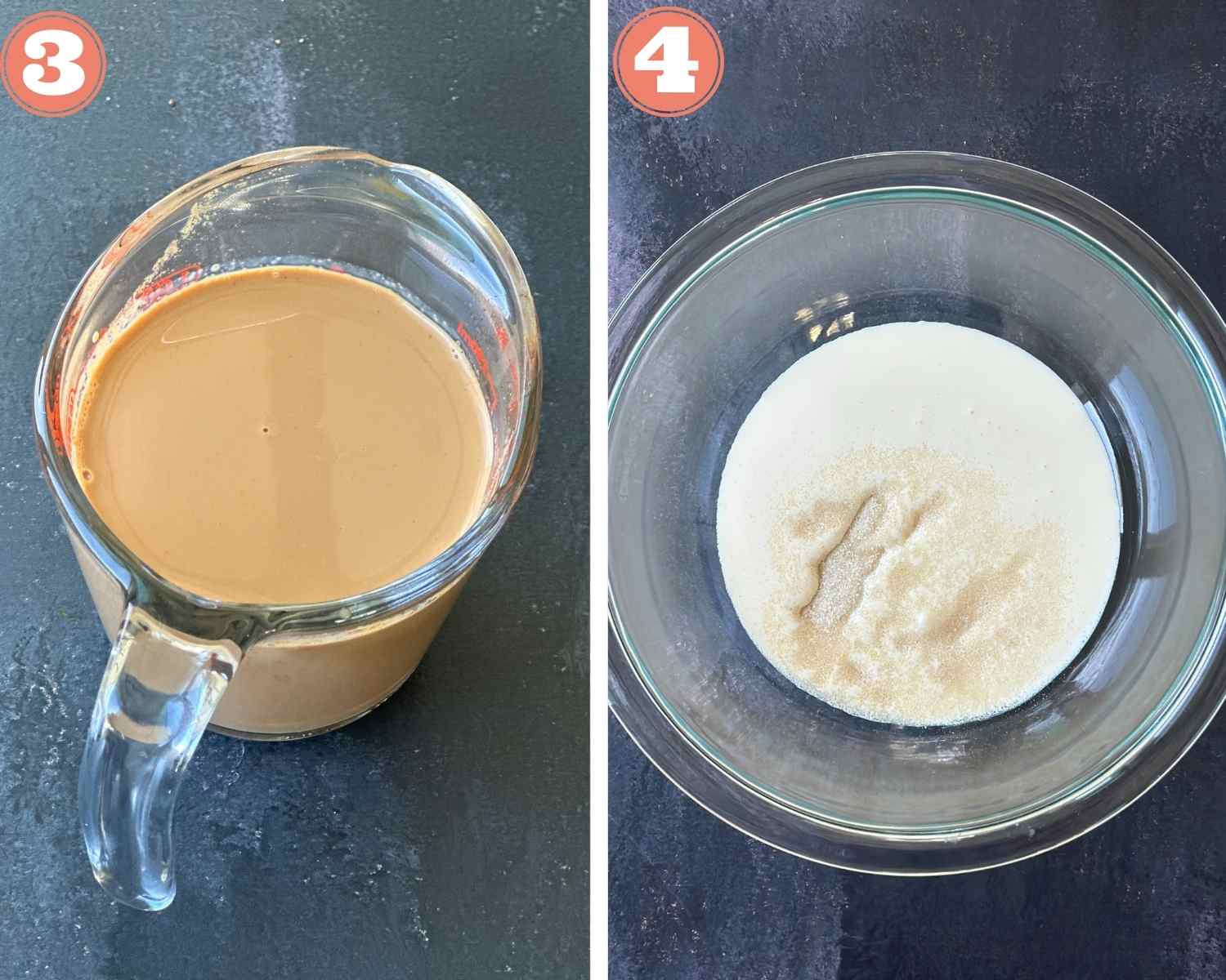 Collage steps to make Masala Chai Tiramisu; Cooling the chai and adding whipping cream and sugar to a large bowl. 