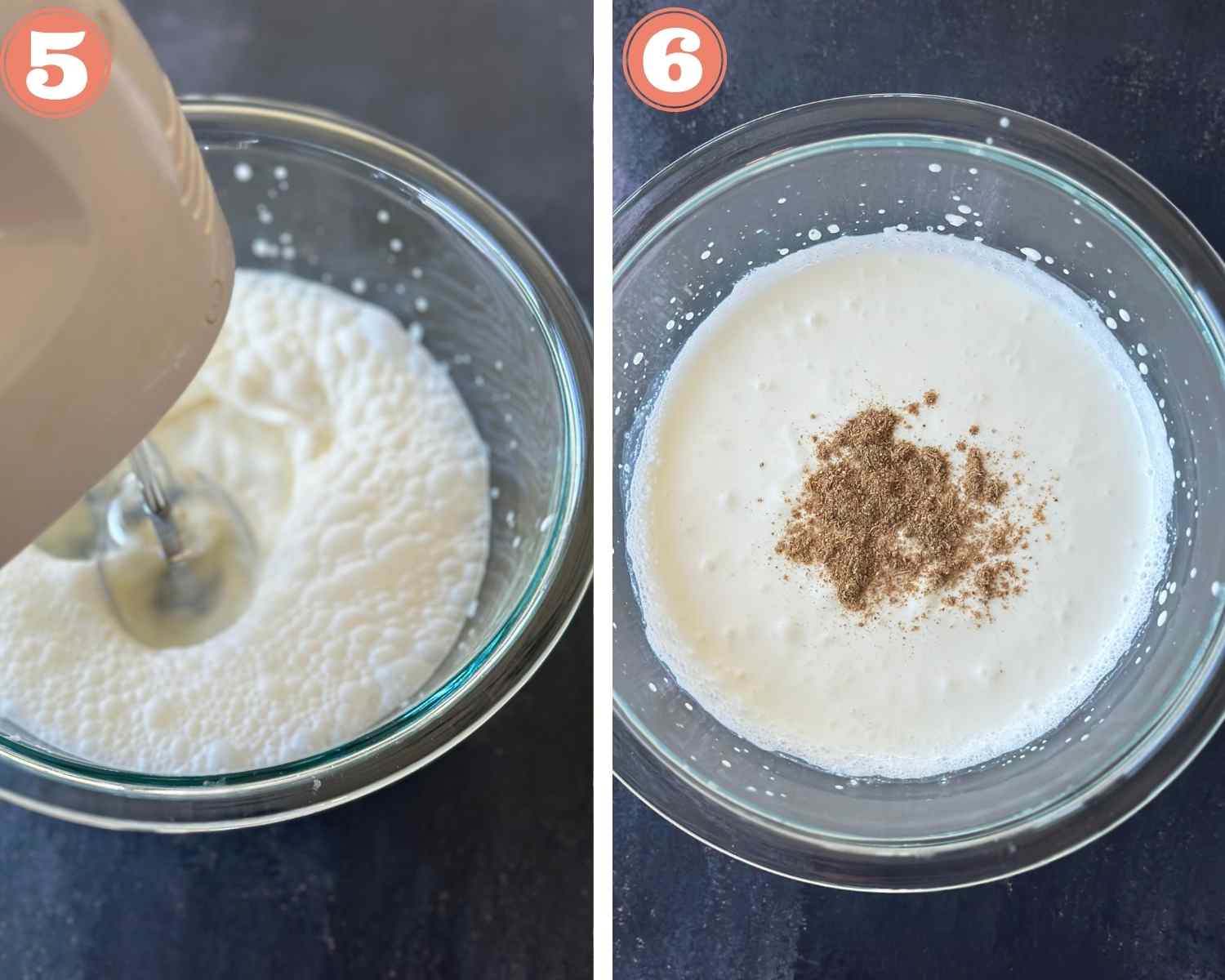 Collage steps to make Masala Chai Tiramisu; whipping cream and adding in chai masala. 