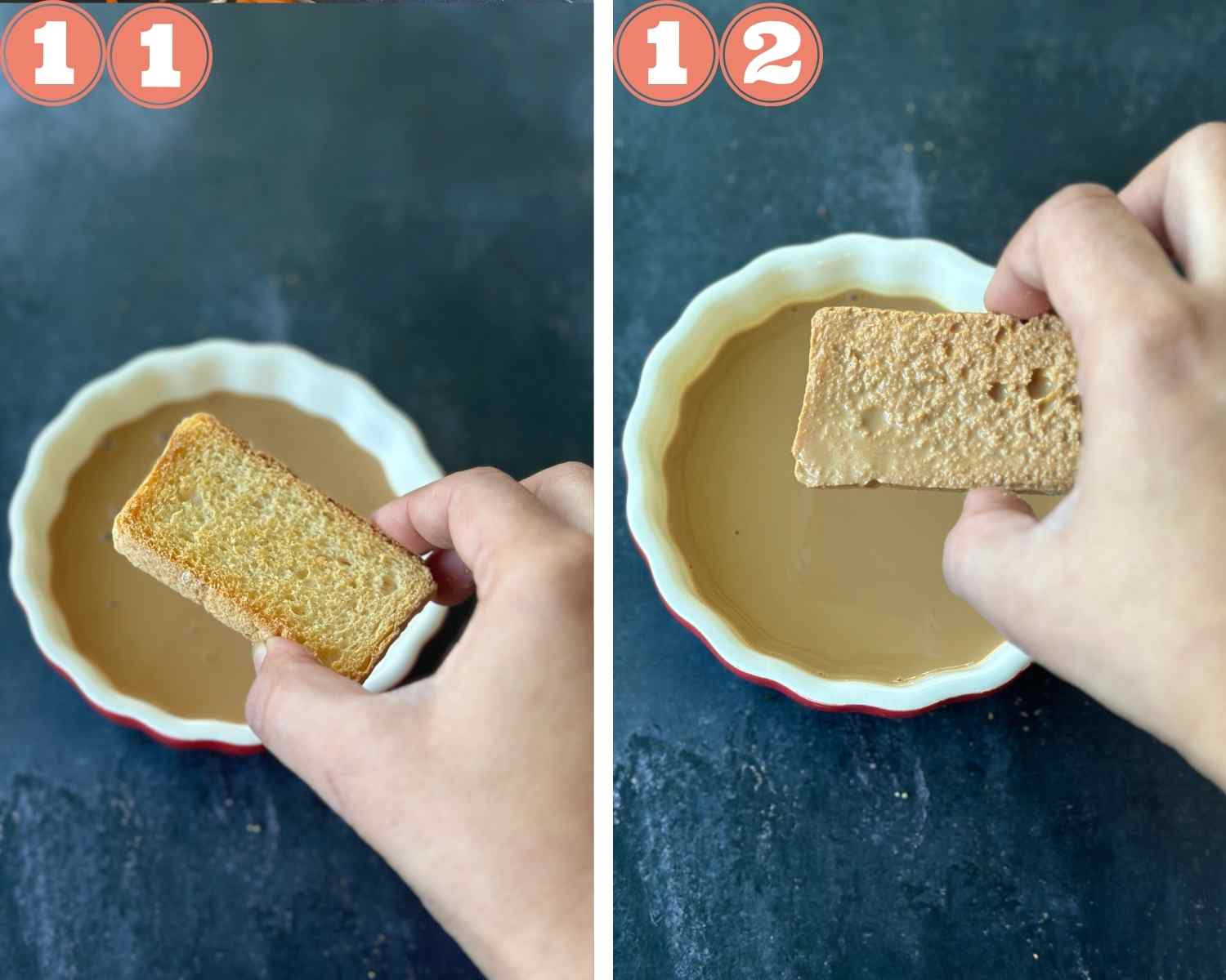 Collage steps to make Masala Chai Tiramisu; dipping toast in chai. 