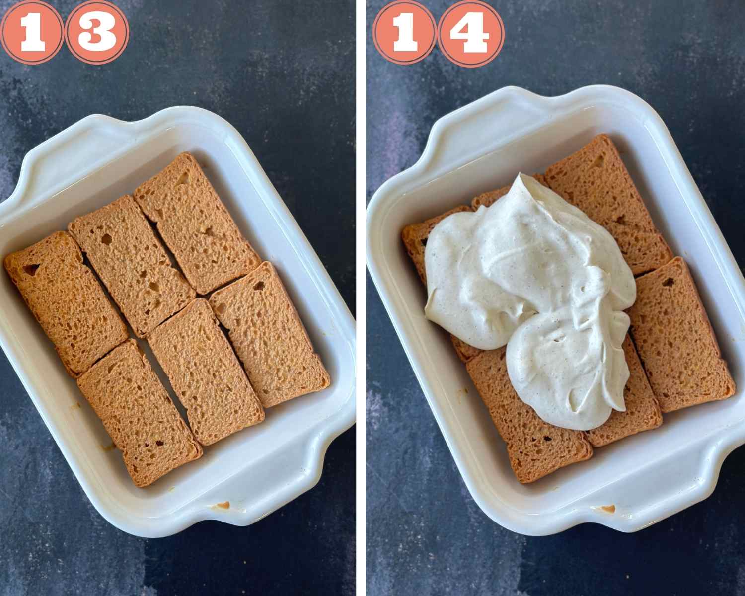 Collage steps to make Masala Chai Tiramisu; layering toast and mascarpone cheese in a tray. 