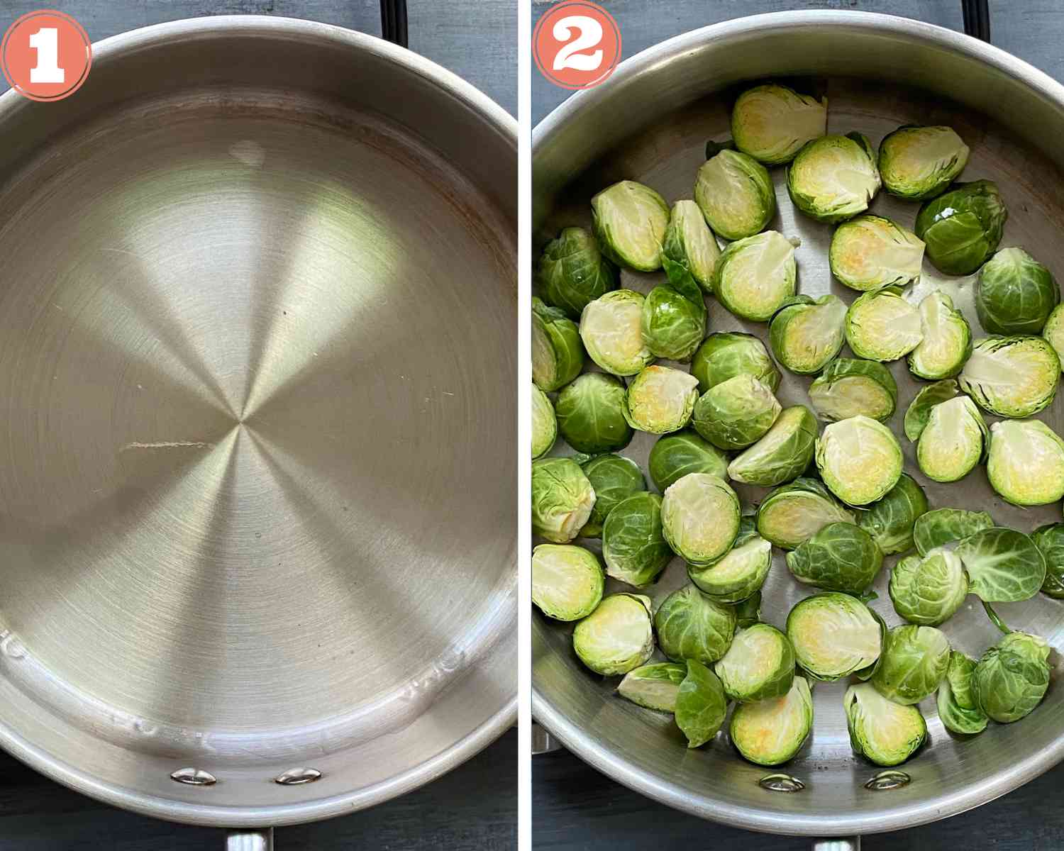 Collage steps to make stir fried Brussels Sprouts; heating oil and adding the sprouts. 