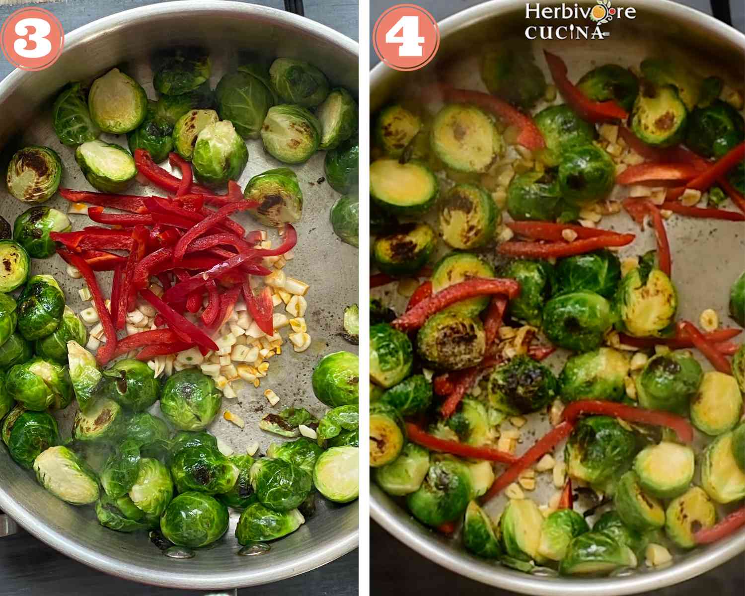 Collage steps to make stir fried Brussels Sprouts; adding garlic and peppers with sauces and spices to the pan. 