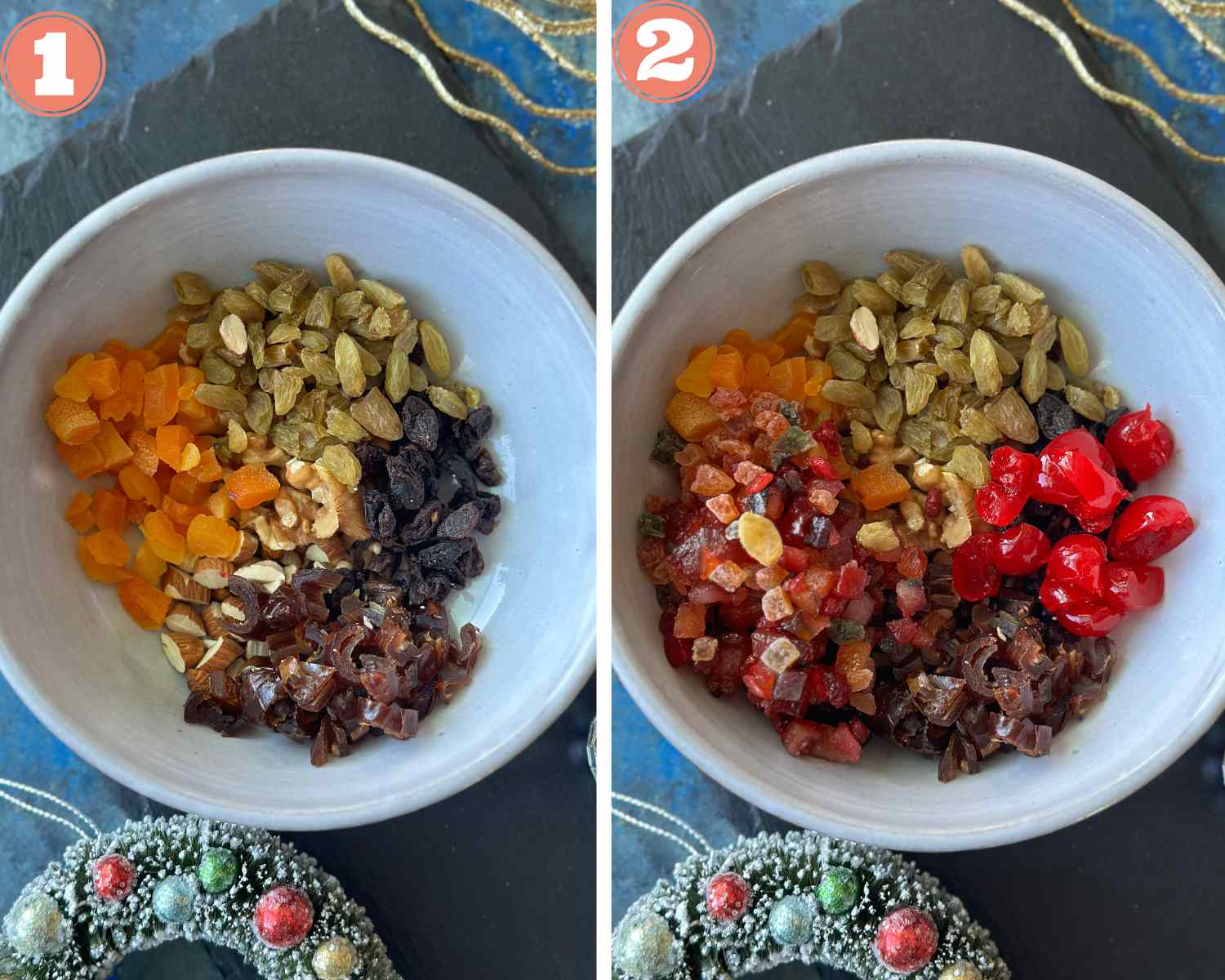 Collage steps to make Christmas Fruit Cake; add all the nuts and fruits to a bowl. 