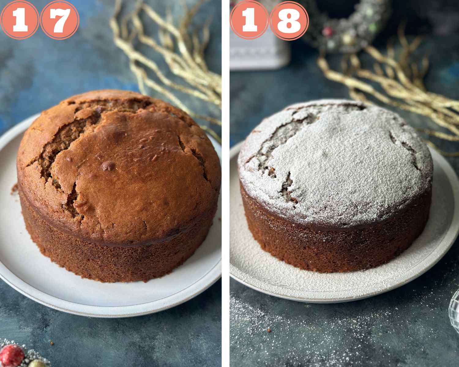Collage steps to make Christmas Fruit Cake; bake and cool the cake and slice it. 