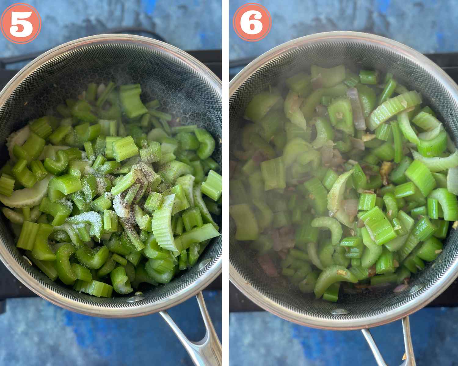 Collage steps to make creamy celery soup; add salt, pepper and cook everything well. 