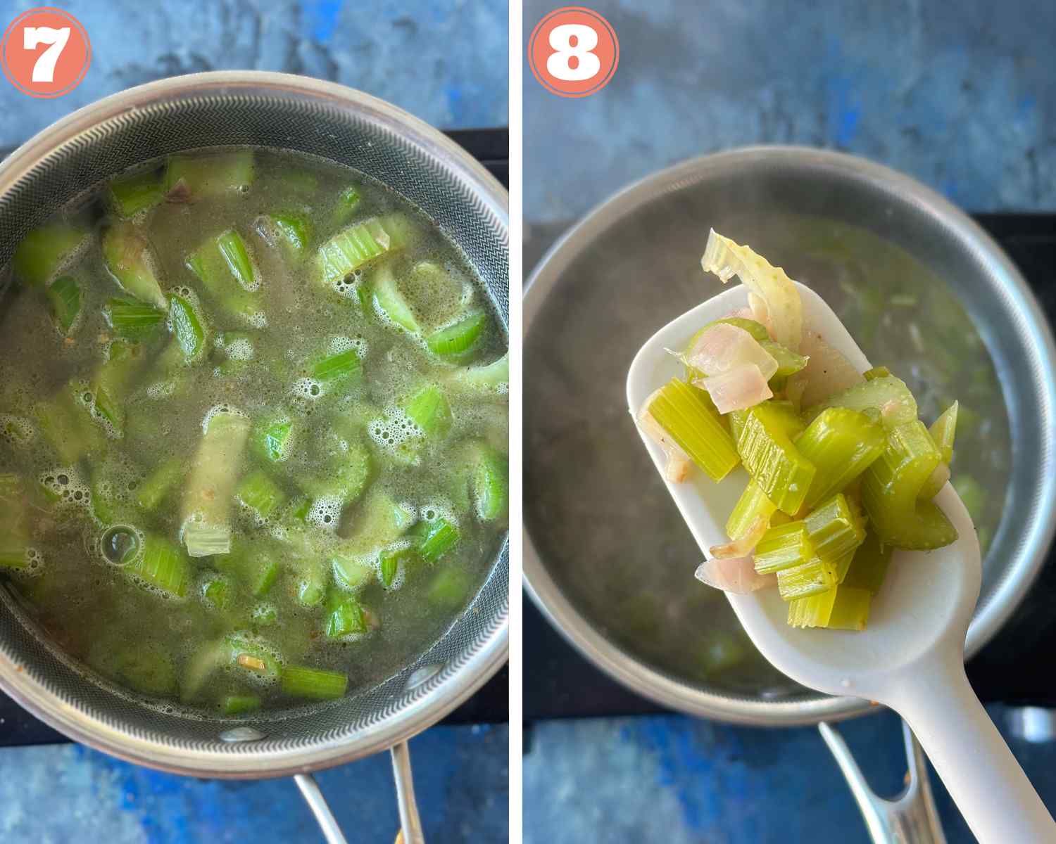 Collage steps to make creamy celery soup; add water and cook well till celery is soft. 