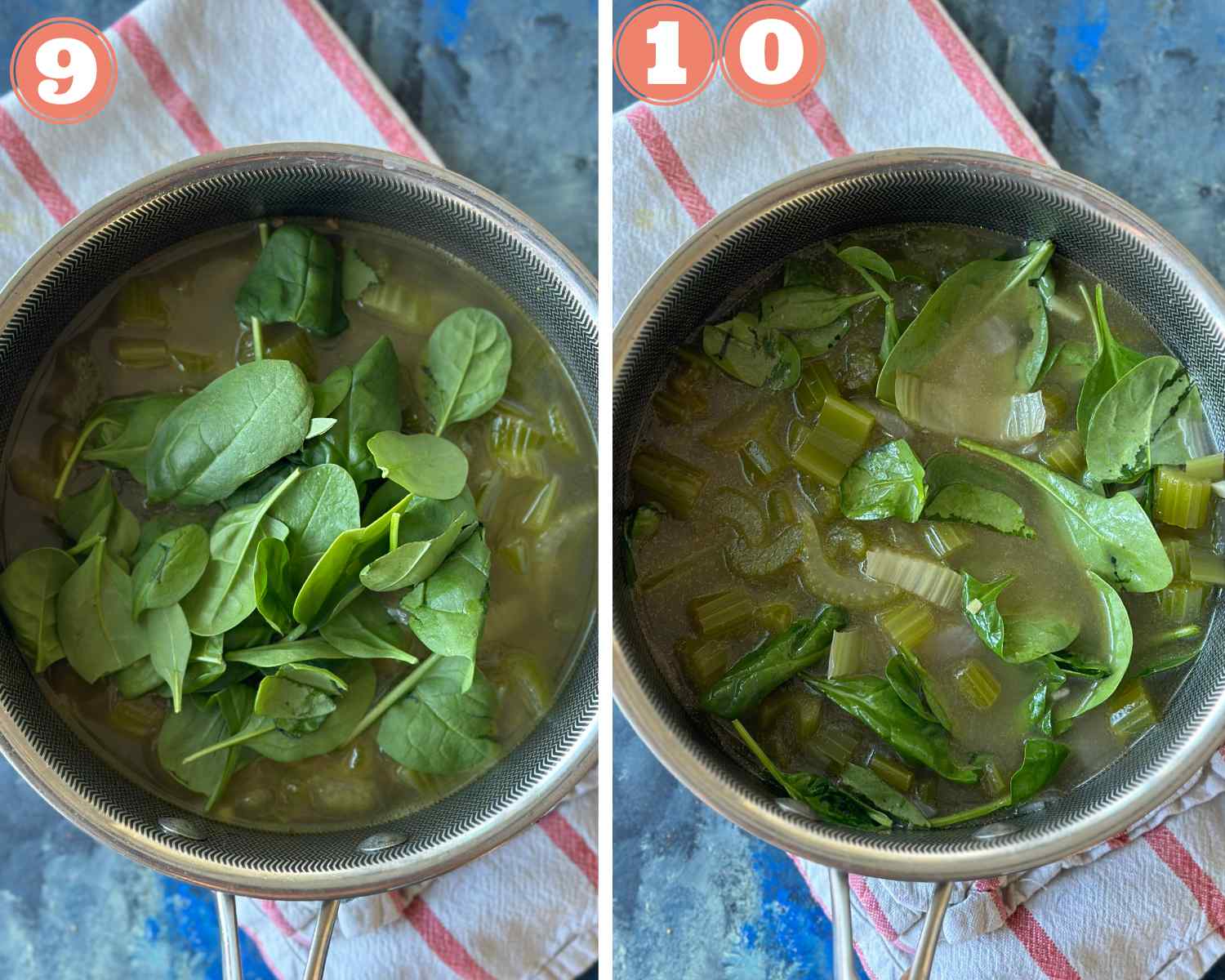 Collage steps to make creamy celery soup; add spinach and let it cool.