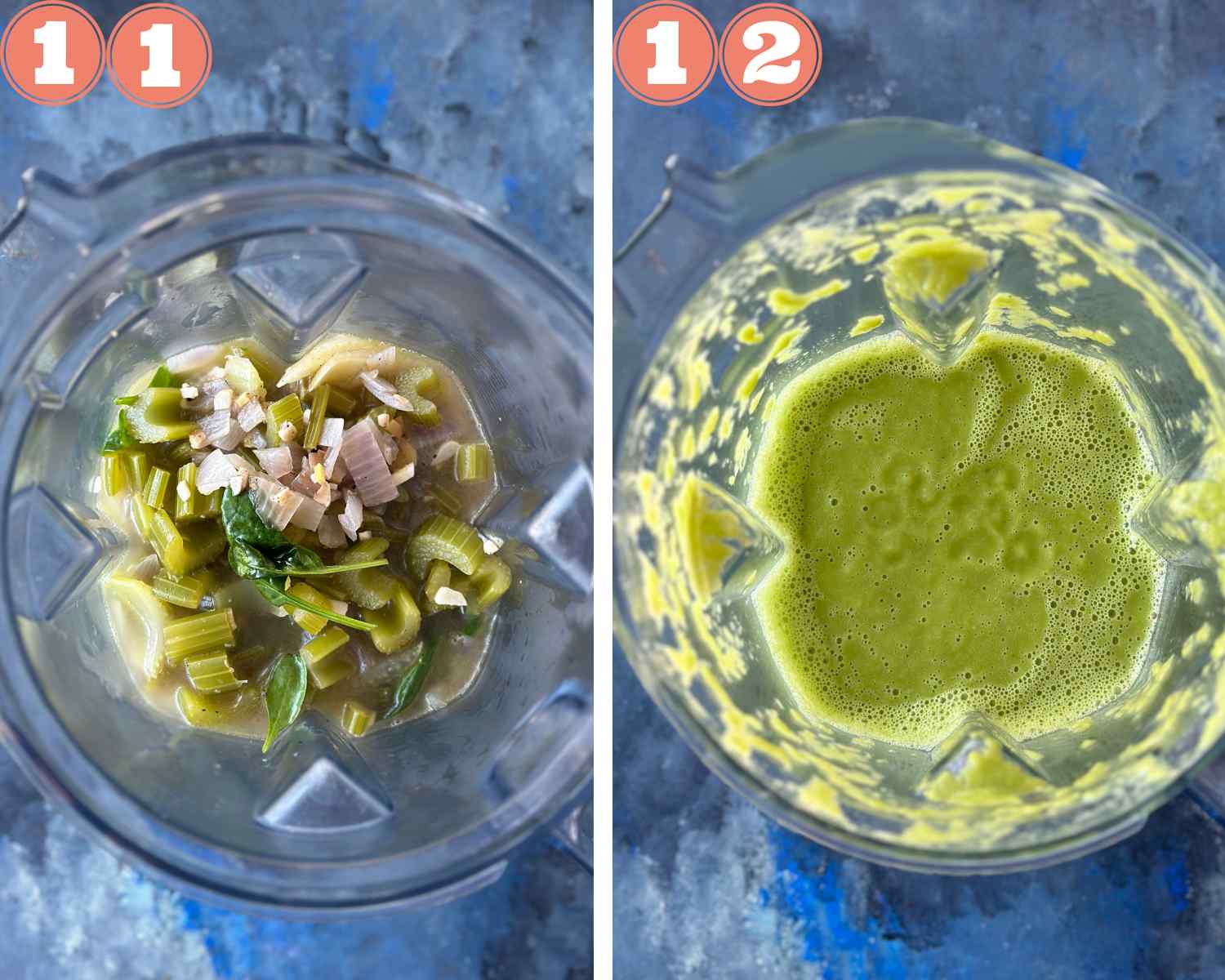 Collage steps to make creamy celery soup; add to a blender and blend till smooth. 
