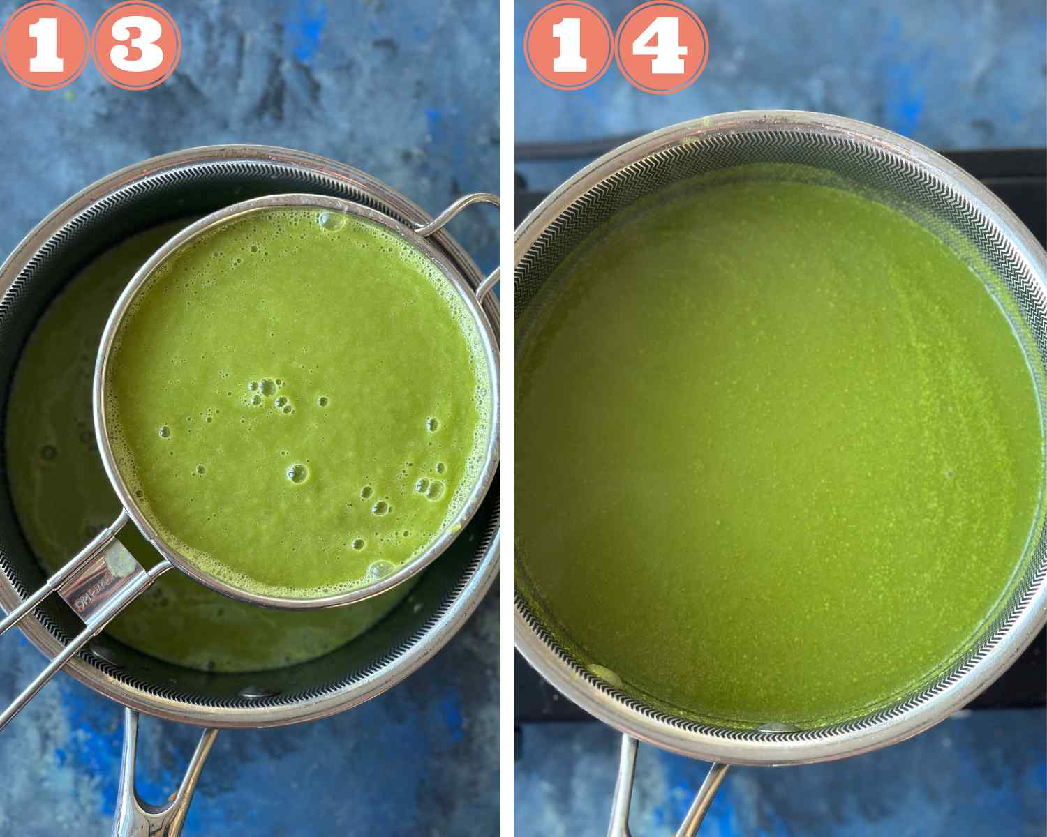 Collage steps to make creamy celery soup; transfer back to a pan through a fine mesh sieve and heat. 