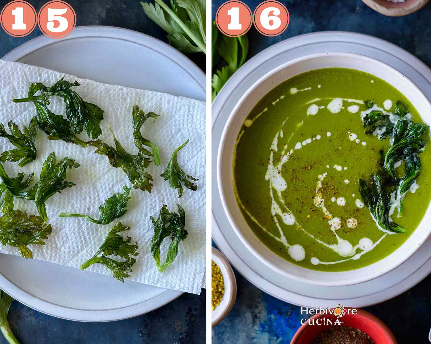 Collage steps to make creamy celery soup; fry celery leaves and add all the toppings. 