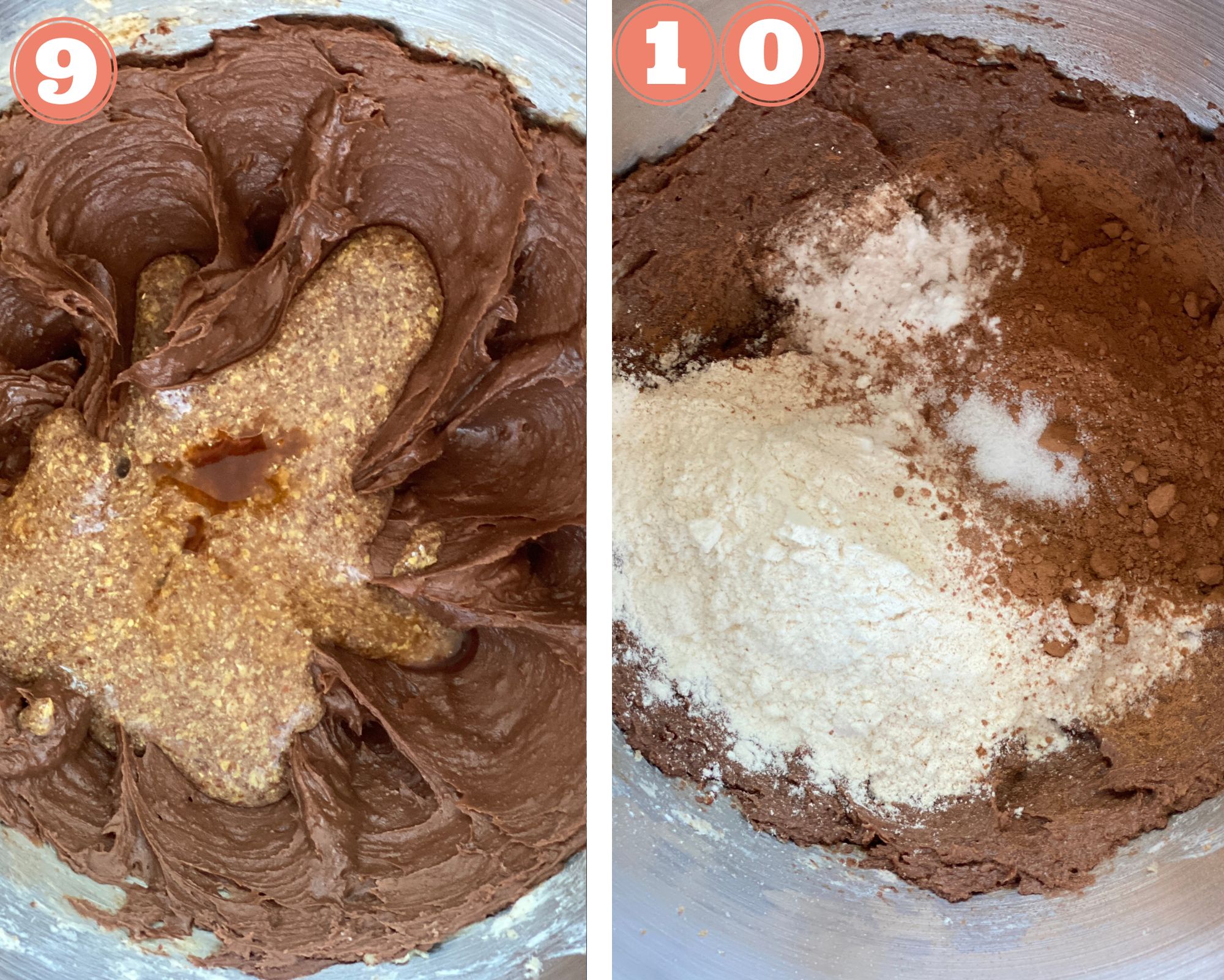 Collage steps to make Brownie Cookies; add flax egg and mix in dry ingredients. 