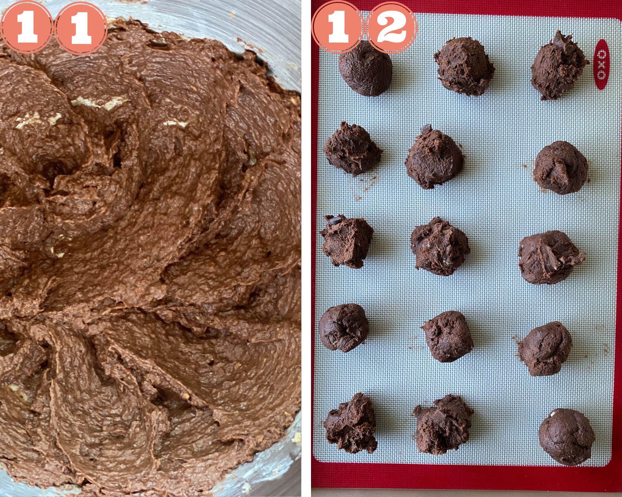 Collage steps to make Brownie Cookies; mix everything well and place on baking tray. 