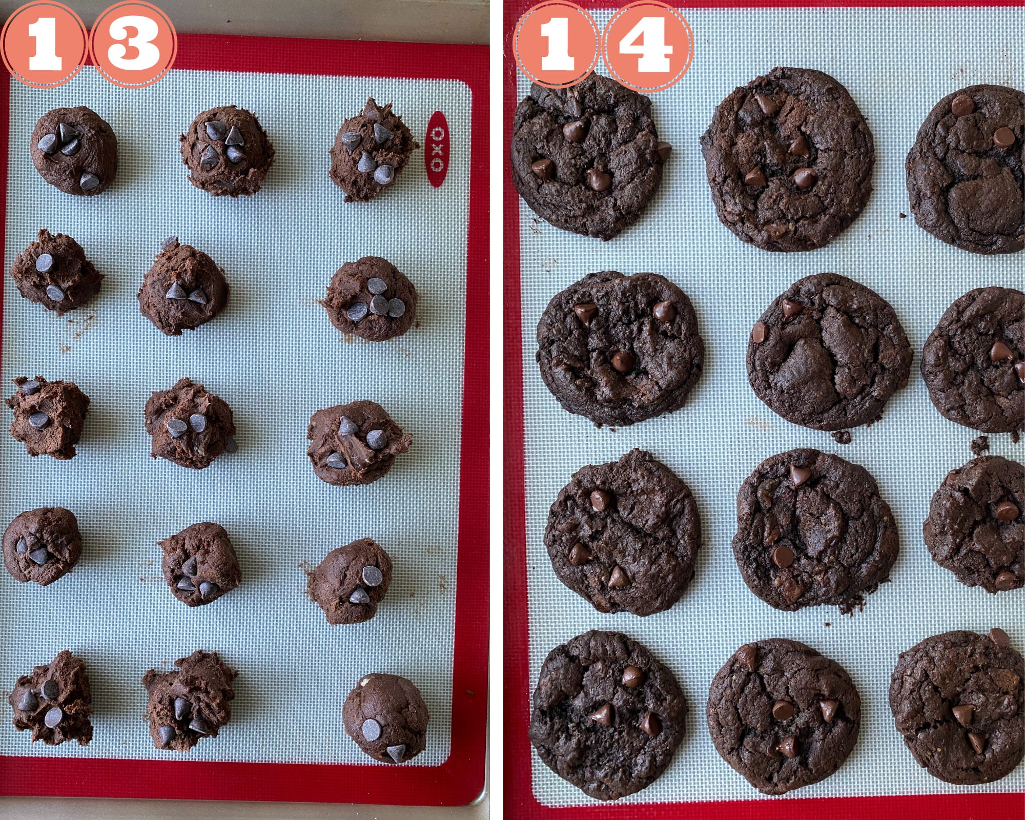 Collage steps to make Brownie Cookies; add chocolate chips and bake. 