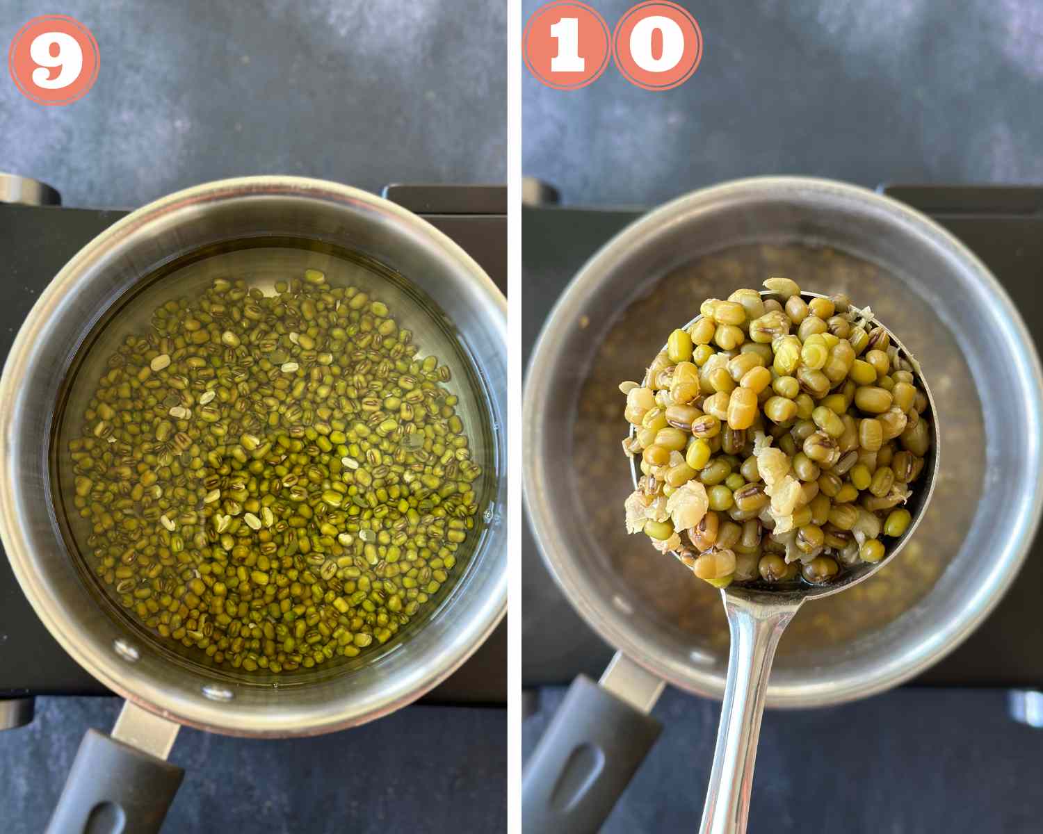 Collage steps to make pani puri; preparing moong by boiling in a pan and checking if cooked. 