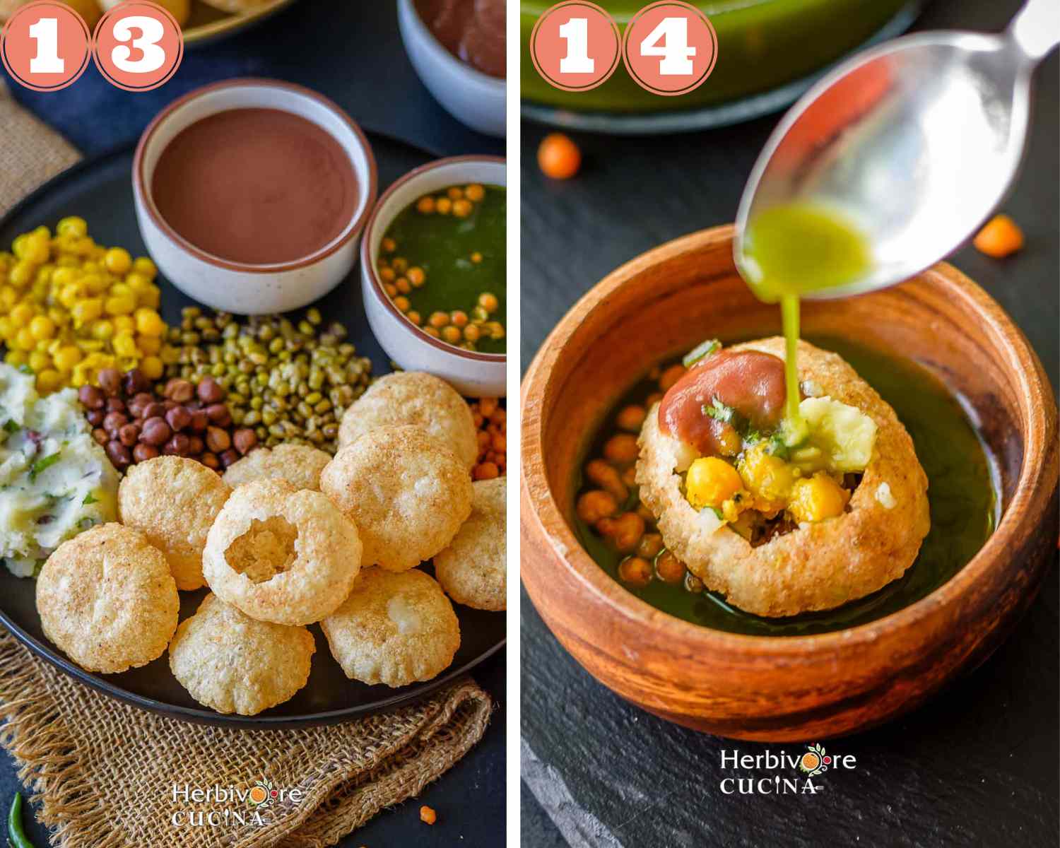 Collage steps to make pani puri;add everything to a plate and serve prepared. 