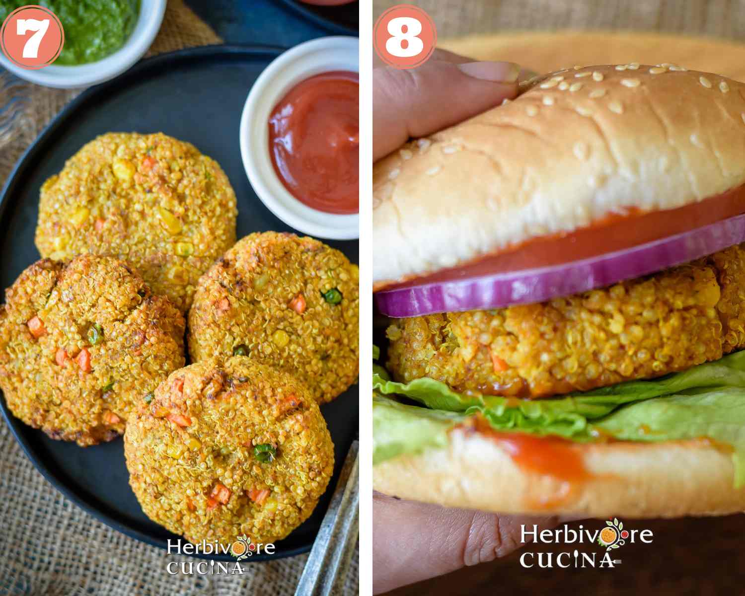 Collage steps to make Vegan Quinoa Patty;  patties in a plate and patties in a burger. 