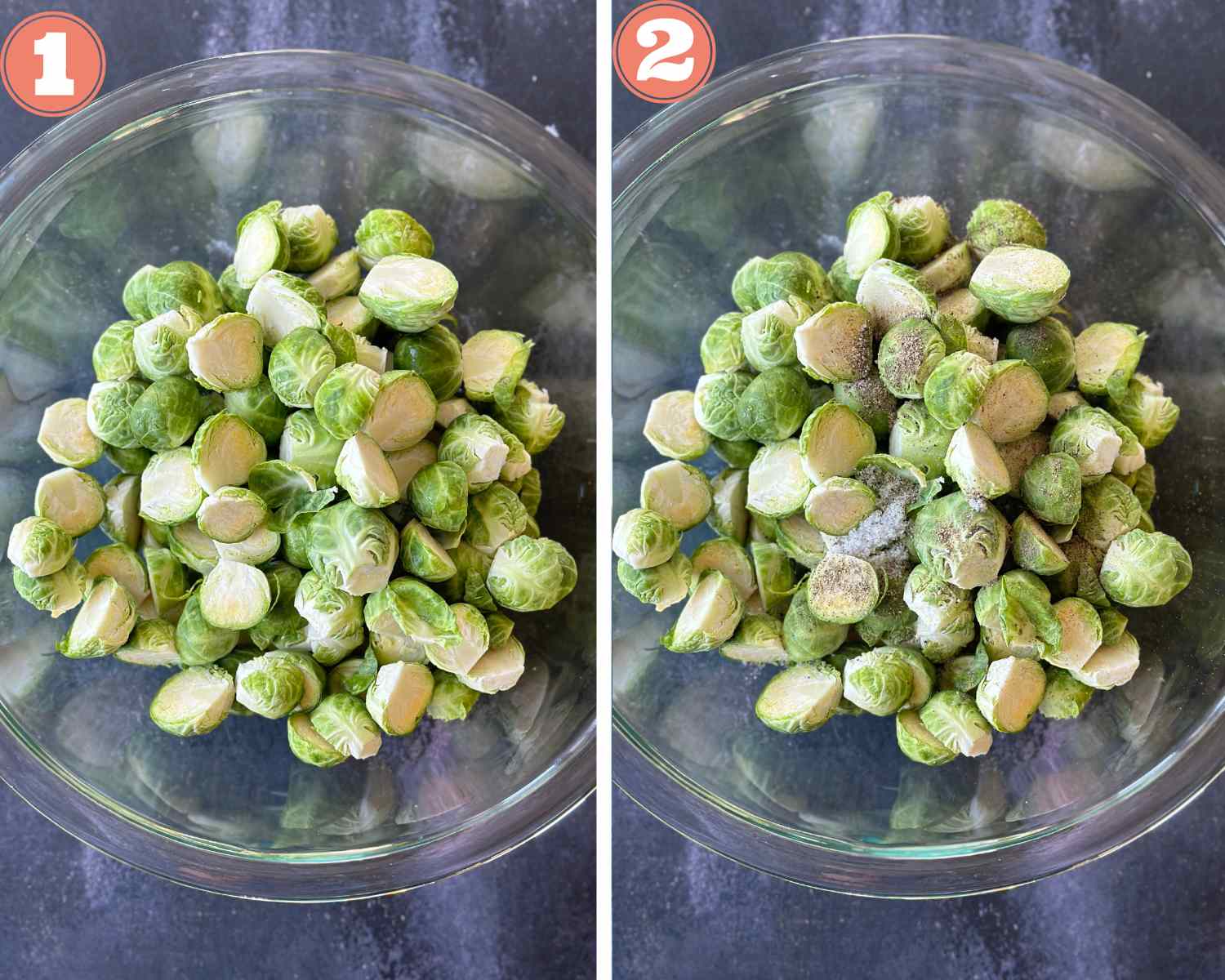 Collage steps to make Air Fryer Brussels Sprouts; adding Brussels to a bowl and adding seasonings and oil. 