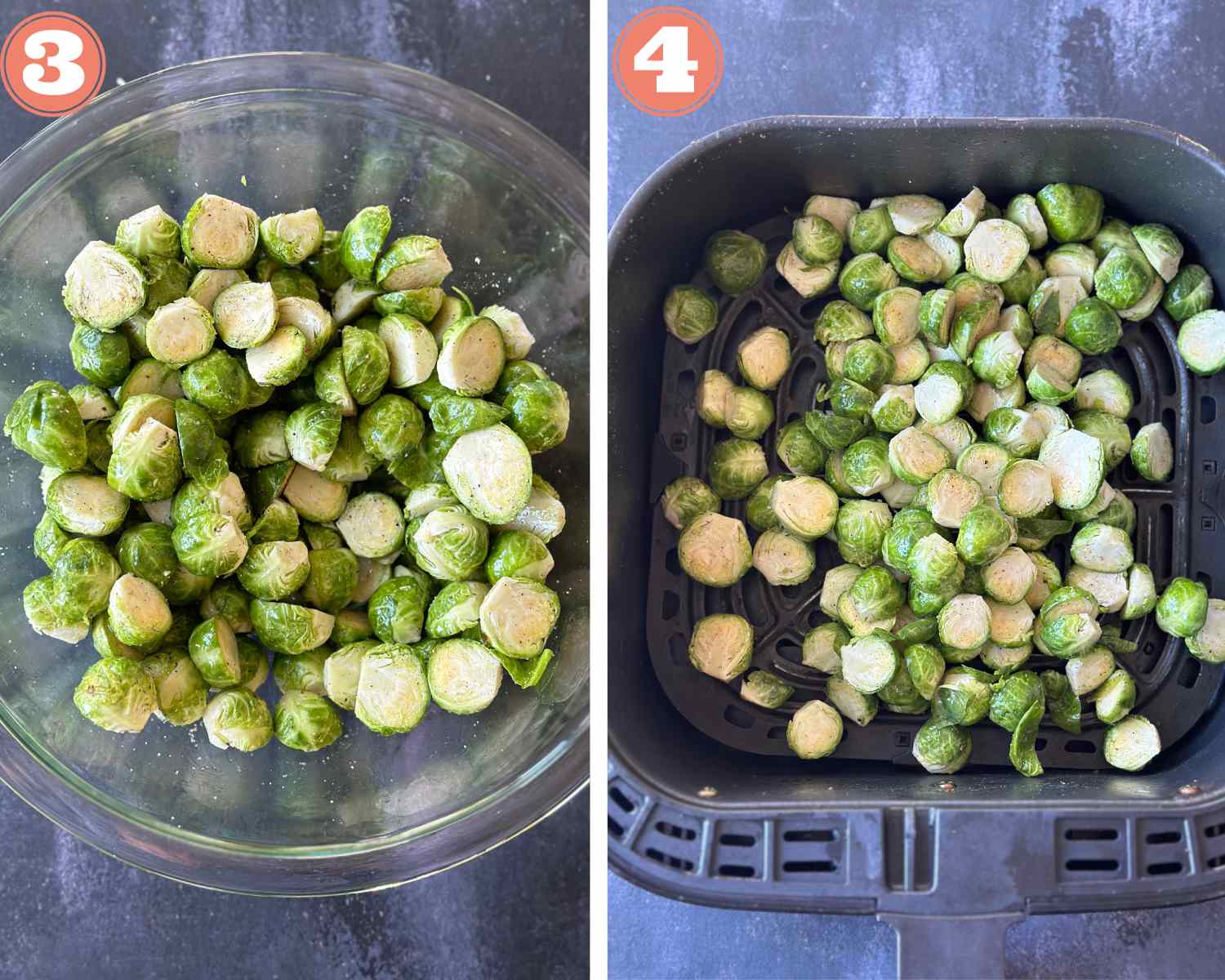 Collage steps to make Air Fryer Brussels Sprouts; mixing everything in a bowl and transferring to the air fryer. 