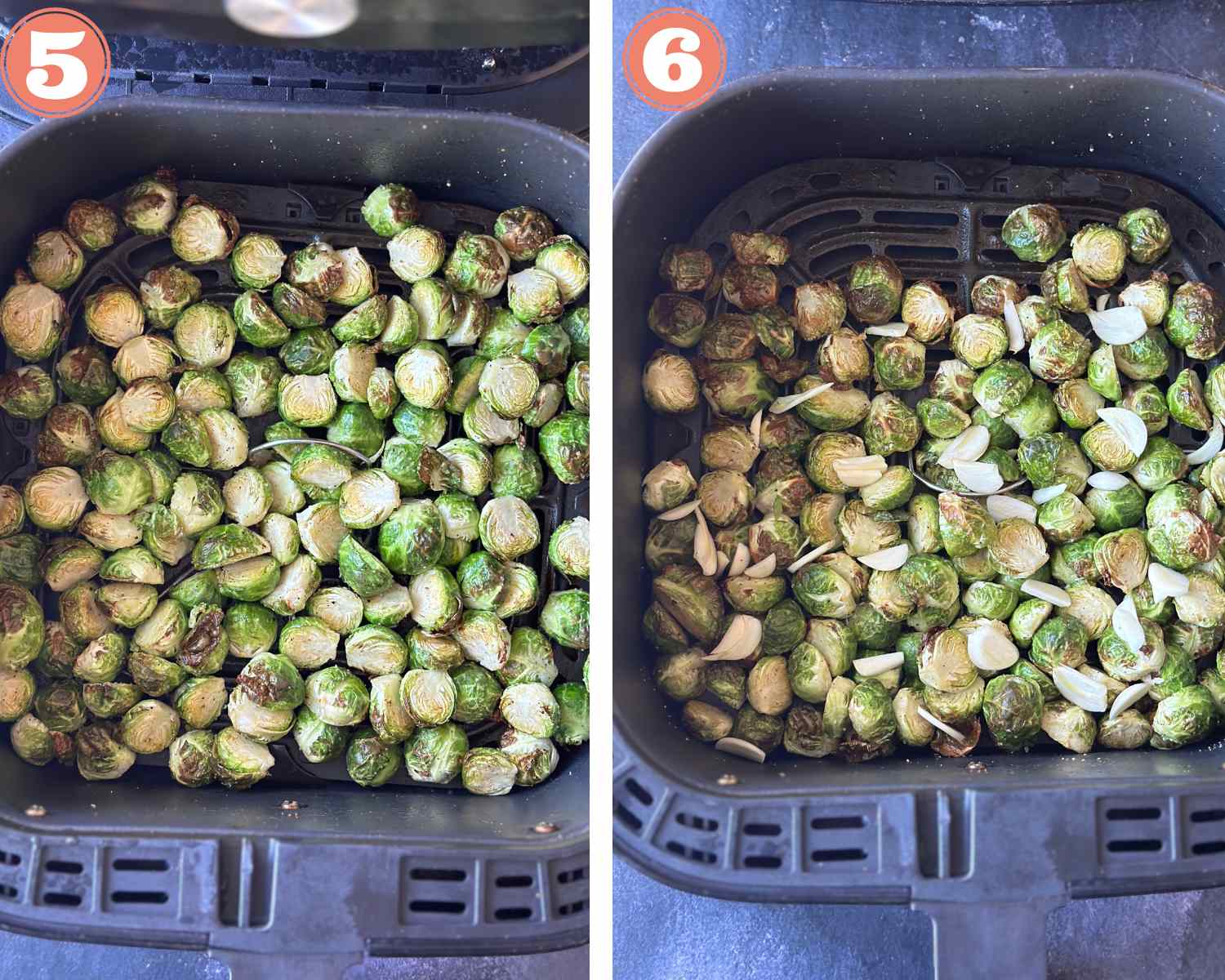 Collage steps to make Air Fryer Brussels Sprouts; adding garlic cloves and air frying till crisp. 