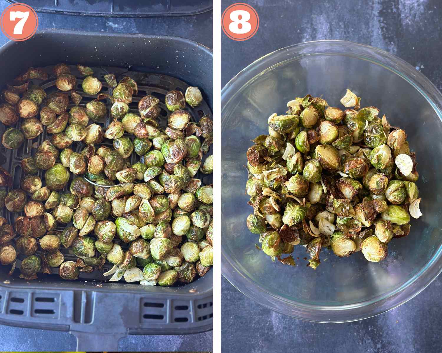 Collage steps to make Air Fryer Brussels Sprouts; transferring the Brussels to a bowl. 