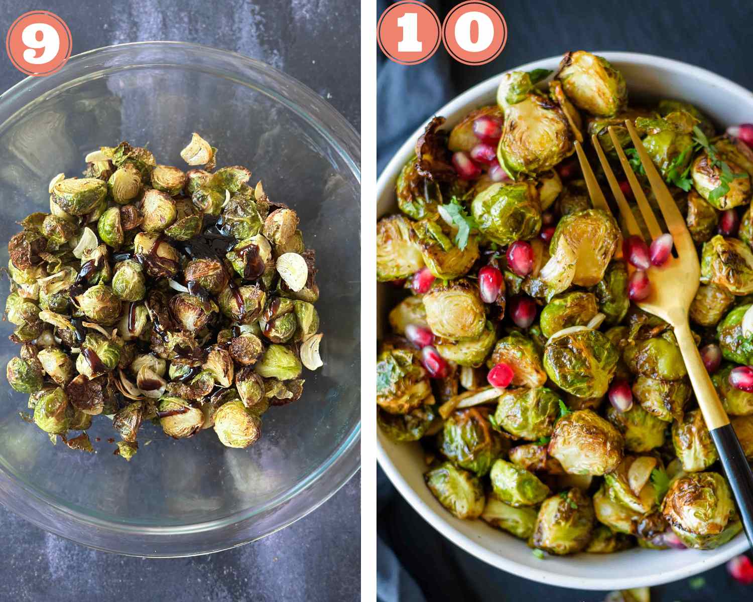 Collage steps to make Air Fryer Brussels Sprouts; mixing in balsamic vinegar and serving with pomegranate arils. 
