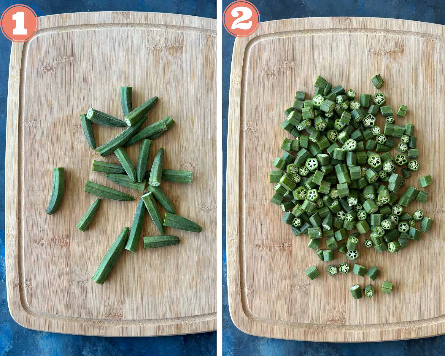 Collage steps to make Bhinda Bateta nu Shaak; cut and dice okra in even size pieces. 