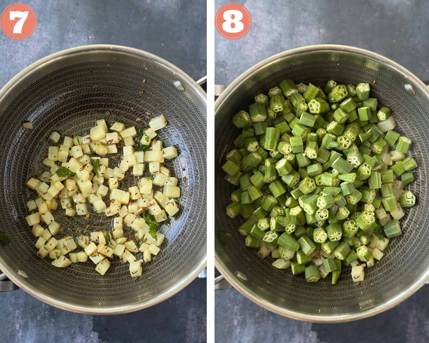 Collage steps to make Bhinda Bateta nu Shaak; adding okra to cooked potato and mixing well. 