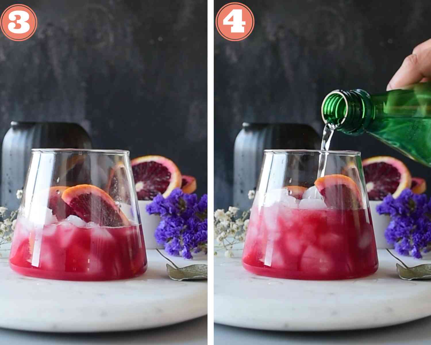 Collage steps to make blood orange lemonade; adding orange slices and sparkling water to a glass. 