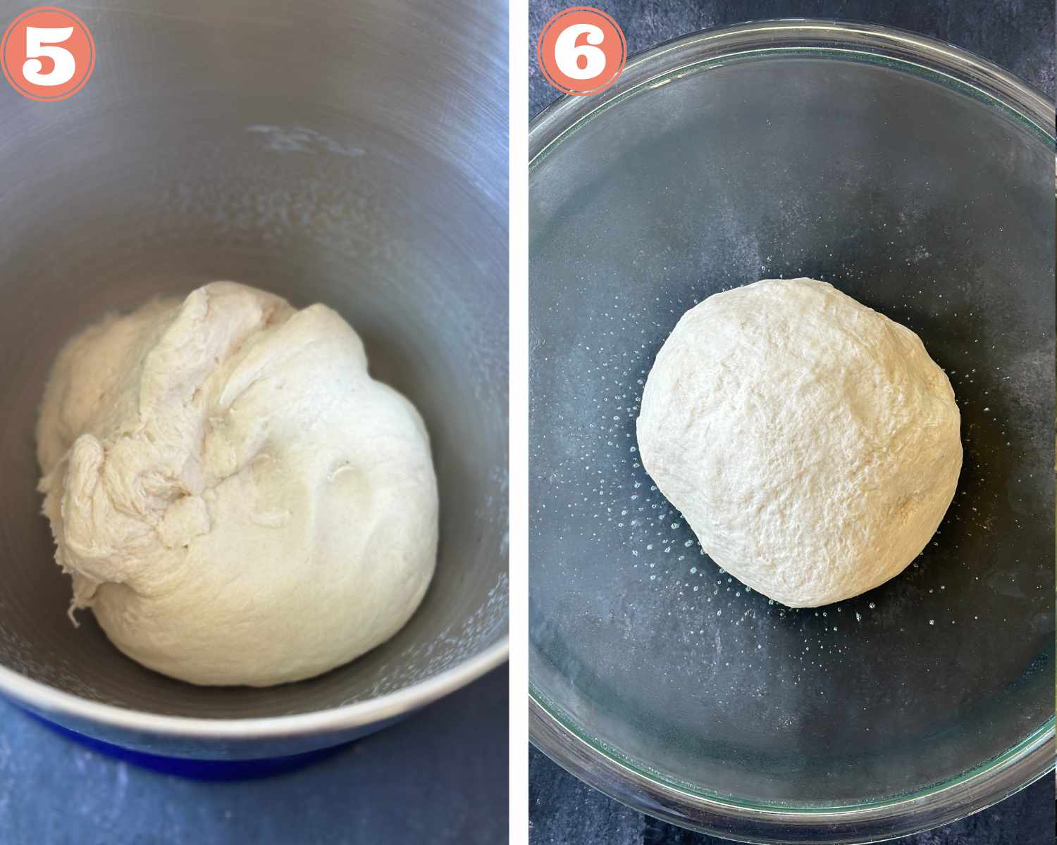 Collage steps to make triangular bread; prepping the dough ball and transferring to a greased bowl. 