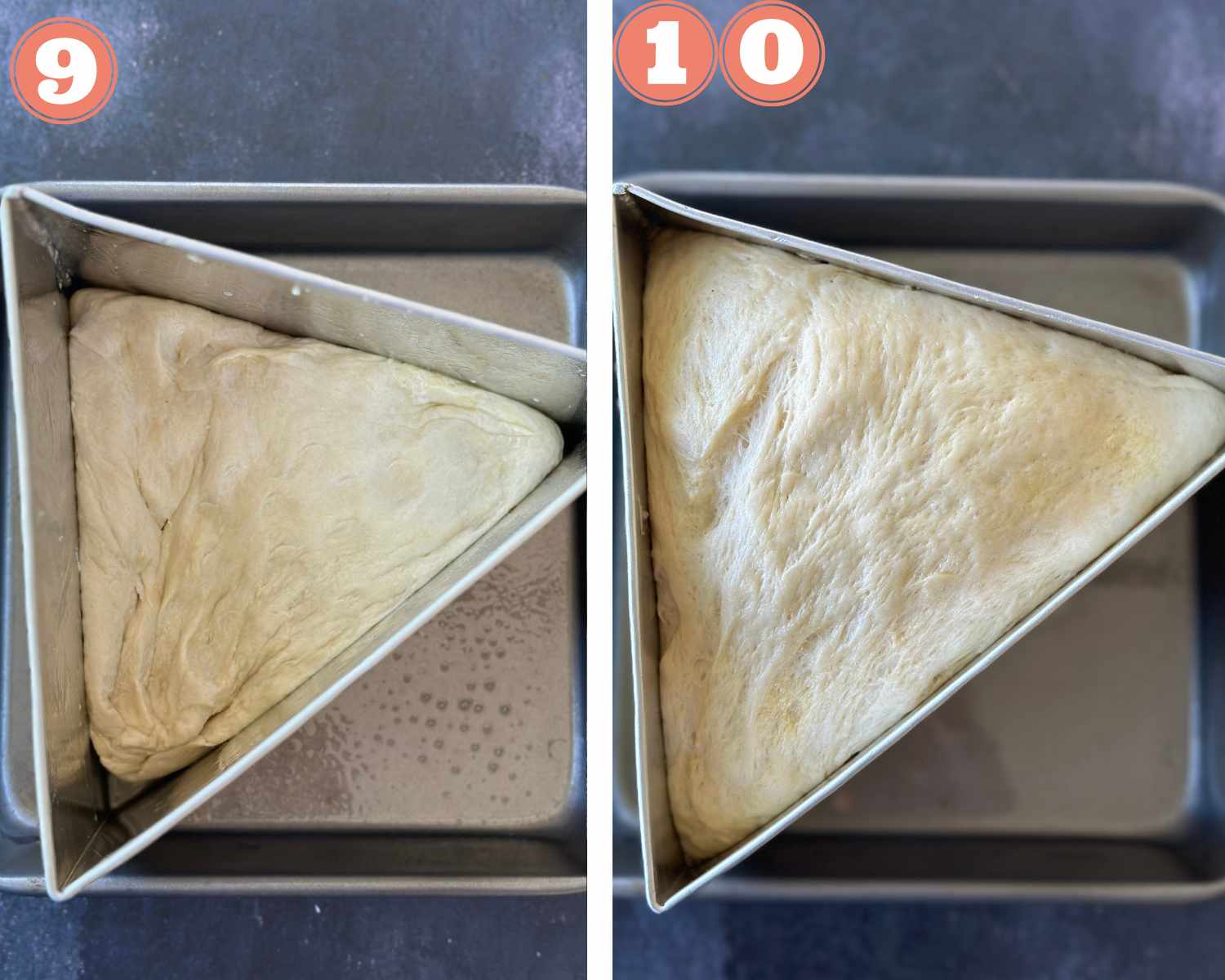 Collage steps to make triangular bread; transferring dough ball to mold and risen dough in mold, 