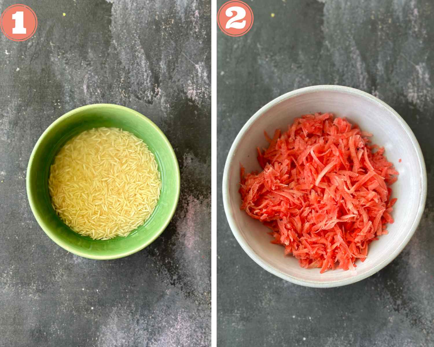 Collage steps to make carrot kheer; soak rice and shred carrots. 
